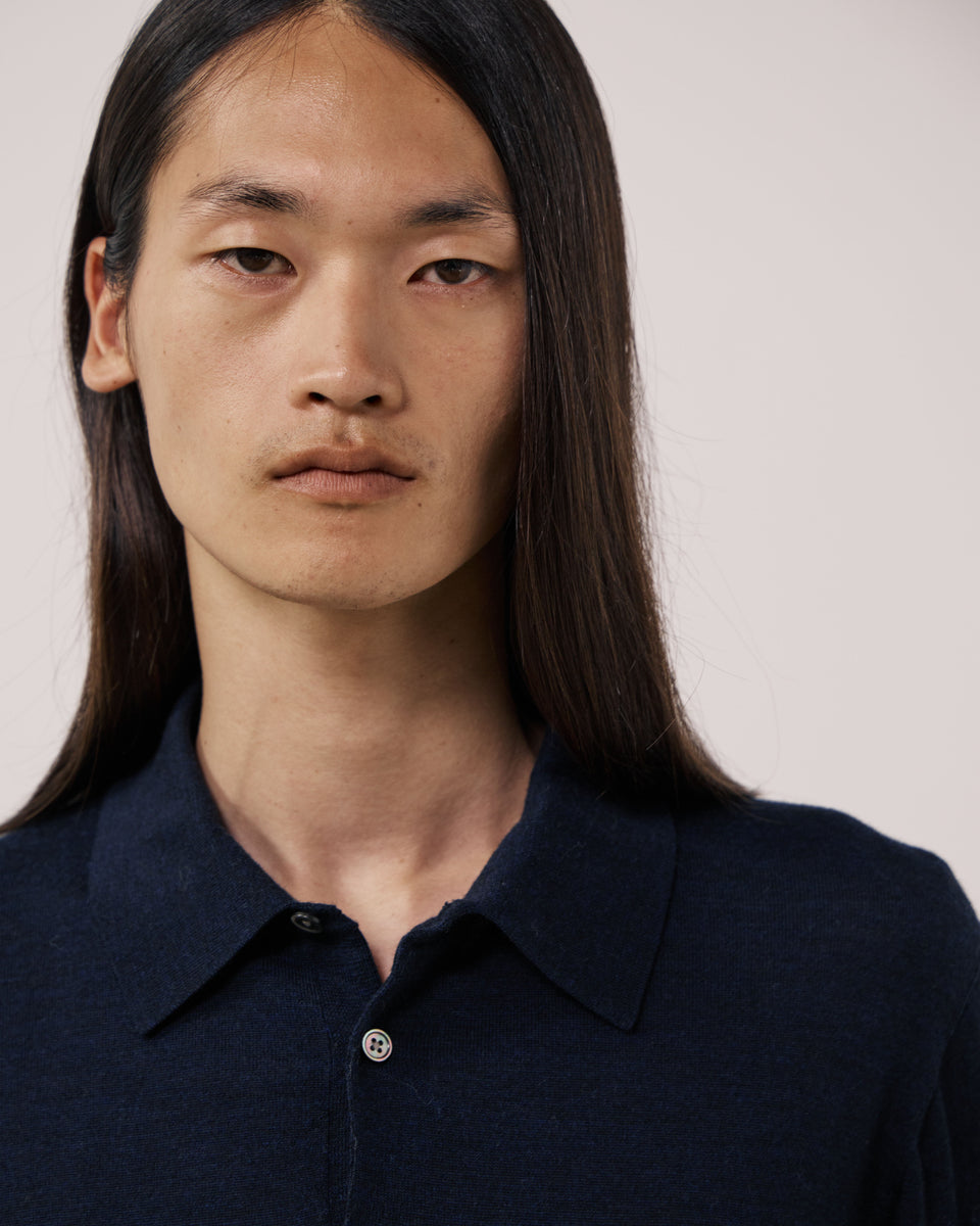 Merino Polo Men's Navy Blue Extra-Fine Wool Sweater - Image 3