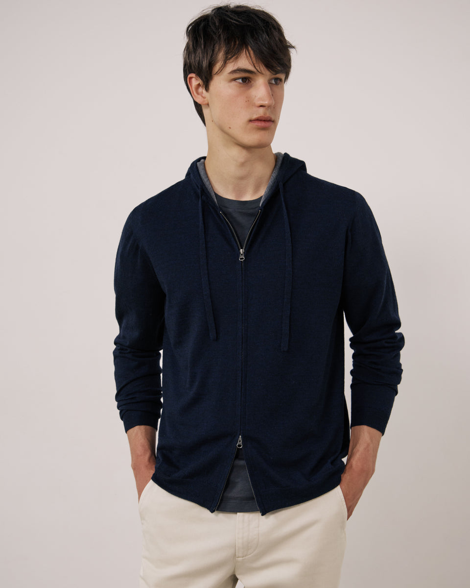 Merino Hoody Men's Navy Blue Extra-Fine Wool Sweater - Image principale