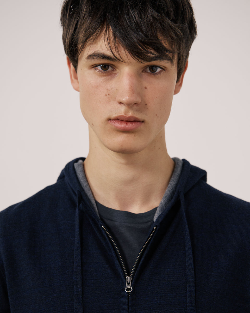 Merino Hoody Men's Navy Blue Extra-Fine Wool Sweater - Image 3