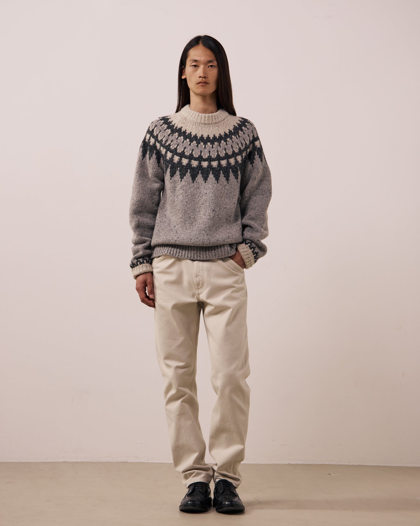 Pull Homme en Laine Alpaga & Mérinos Gris Donegal Jacquard Crew