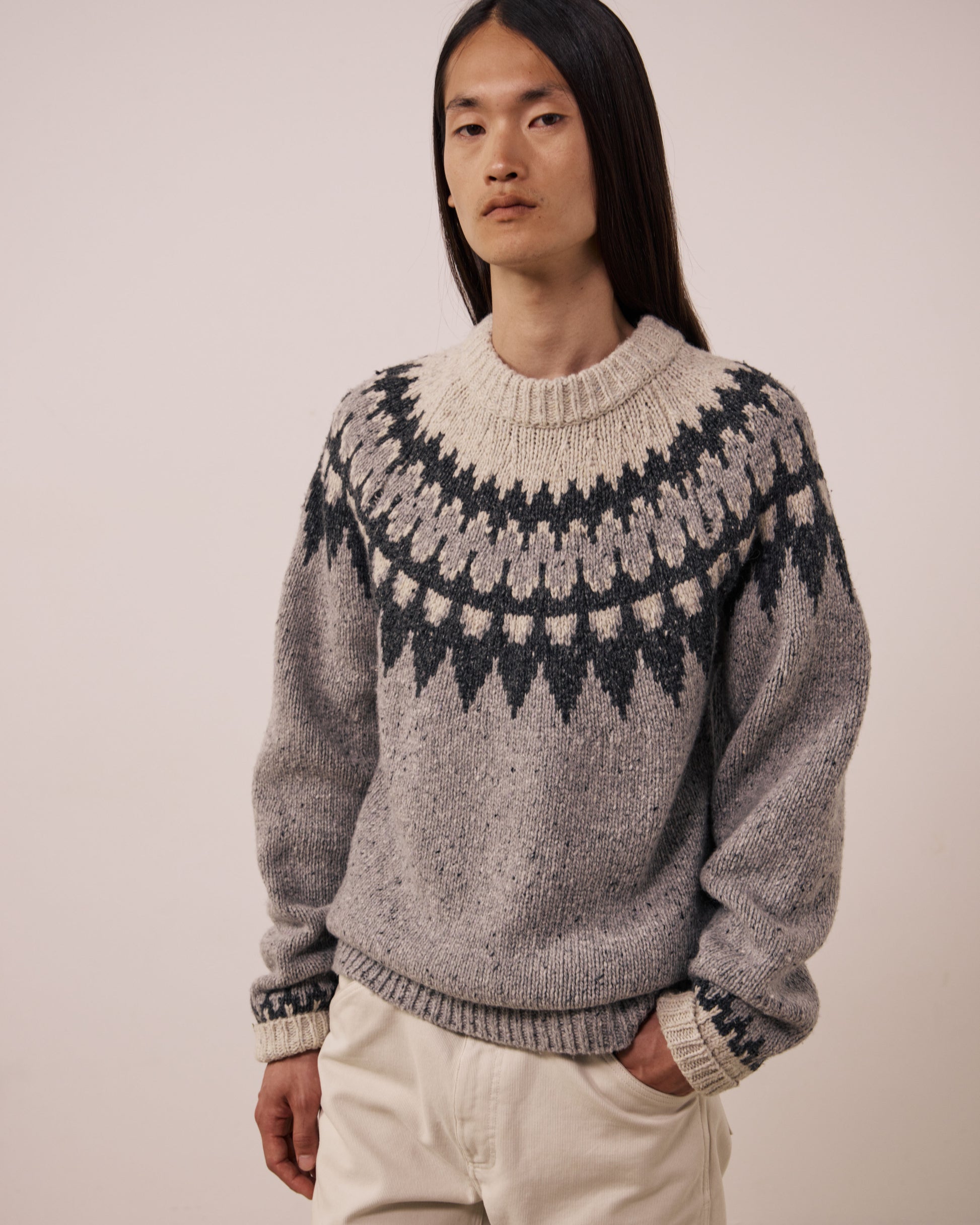 Pull Homme en Laine Alpaga & Mérinos Gris Donegal Jacquard Crew