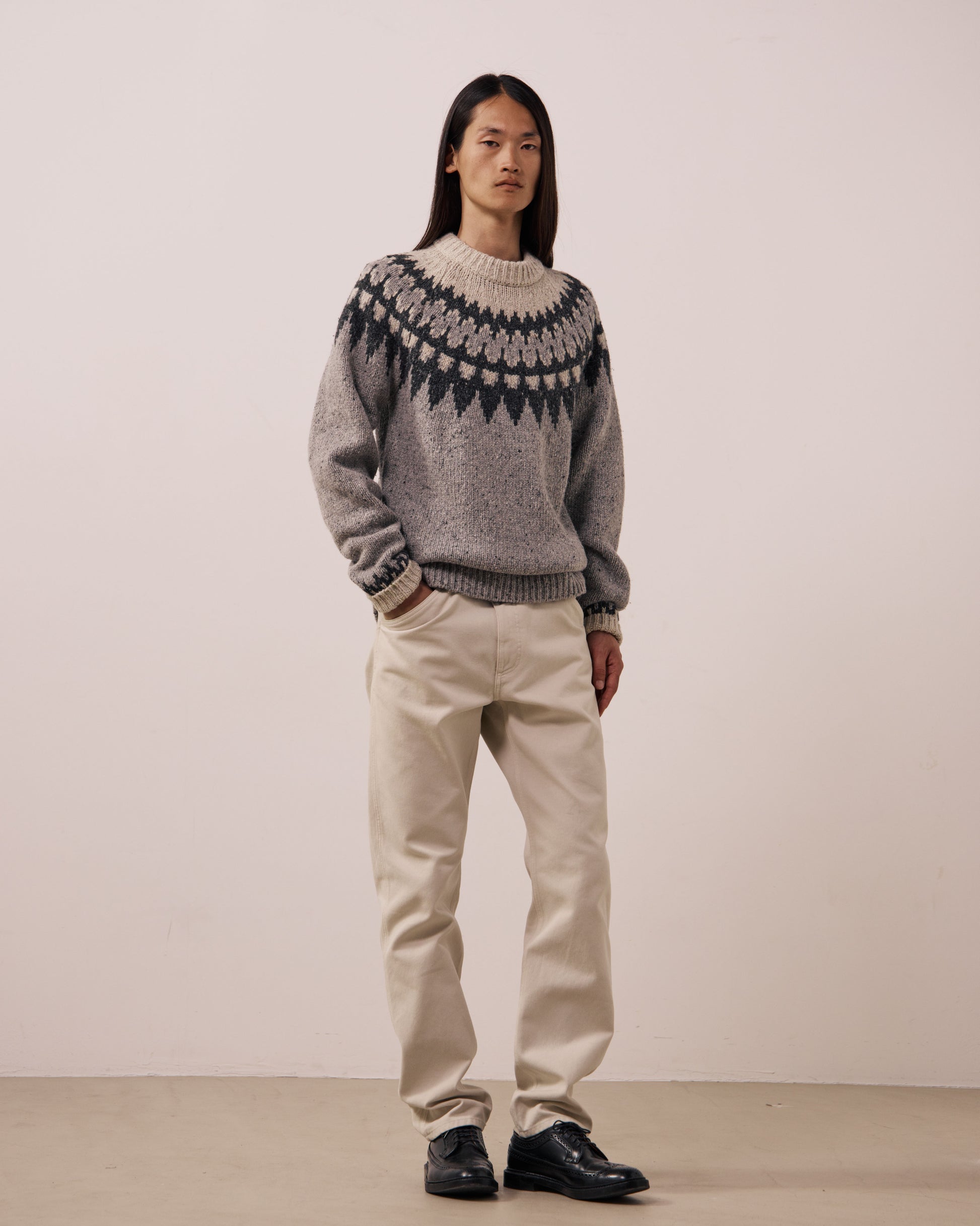 Pull Homme en Laine Alpaga & Mérinos Gris Donegal Jacquard Crew