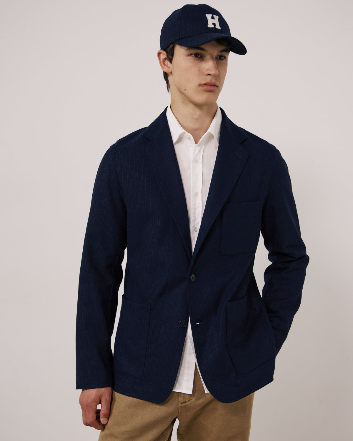 Casquette Homme en Flanelle de Laine à Rayures Bleu Marine H