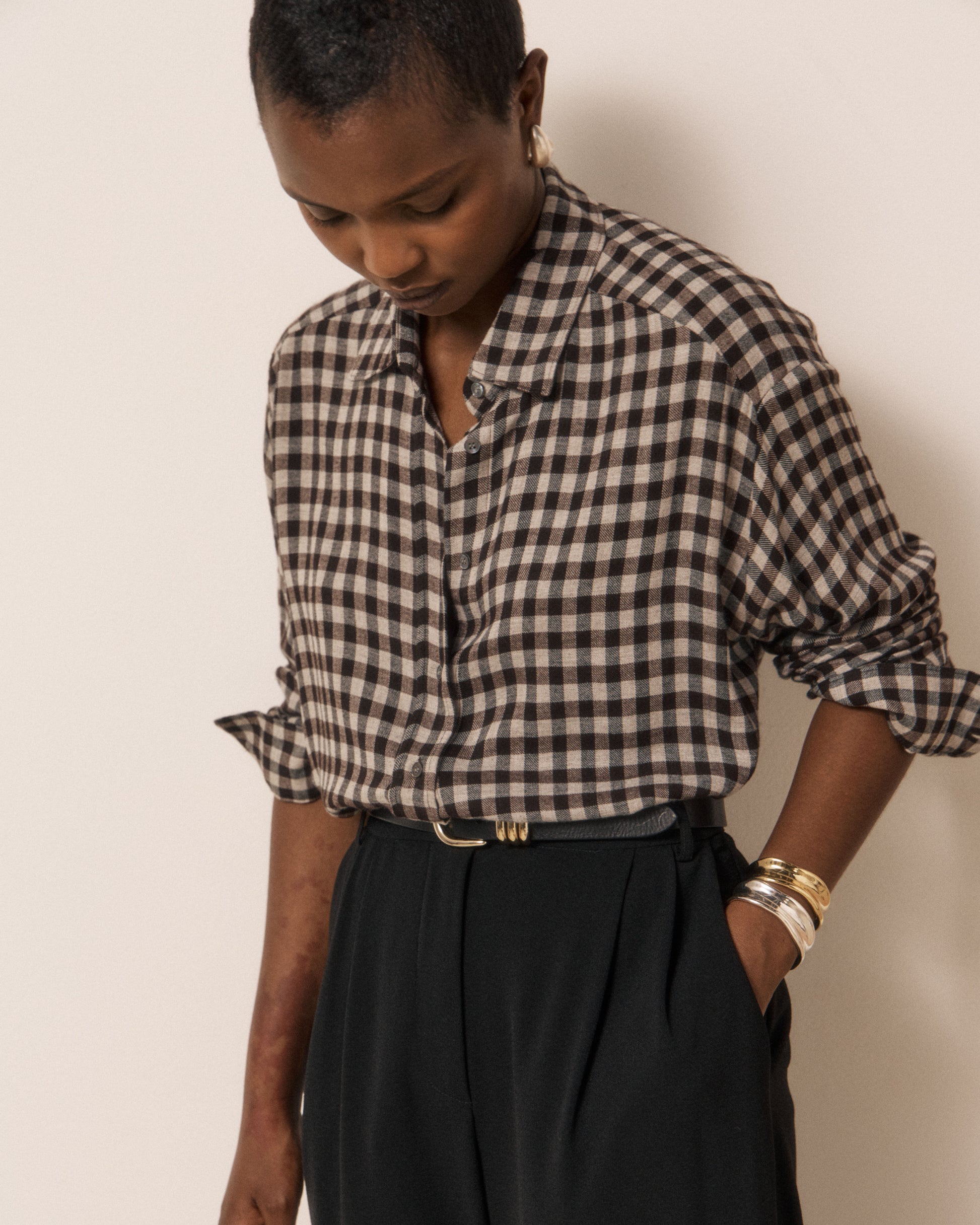 Chemise Femme en Viscose à Carreaux Gris Cinema