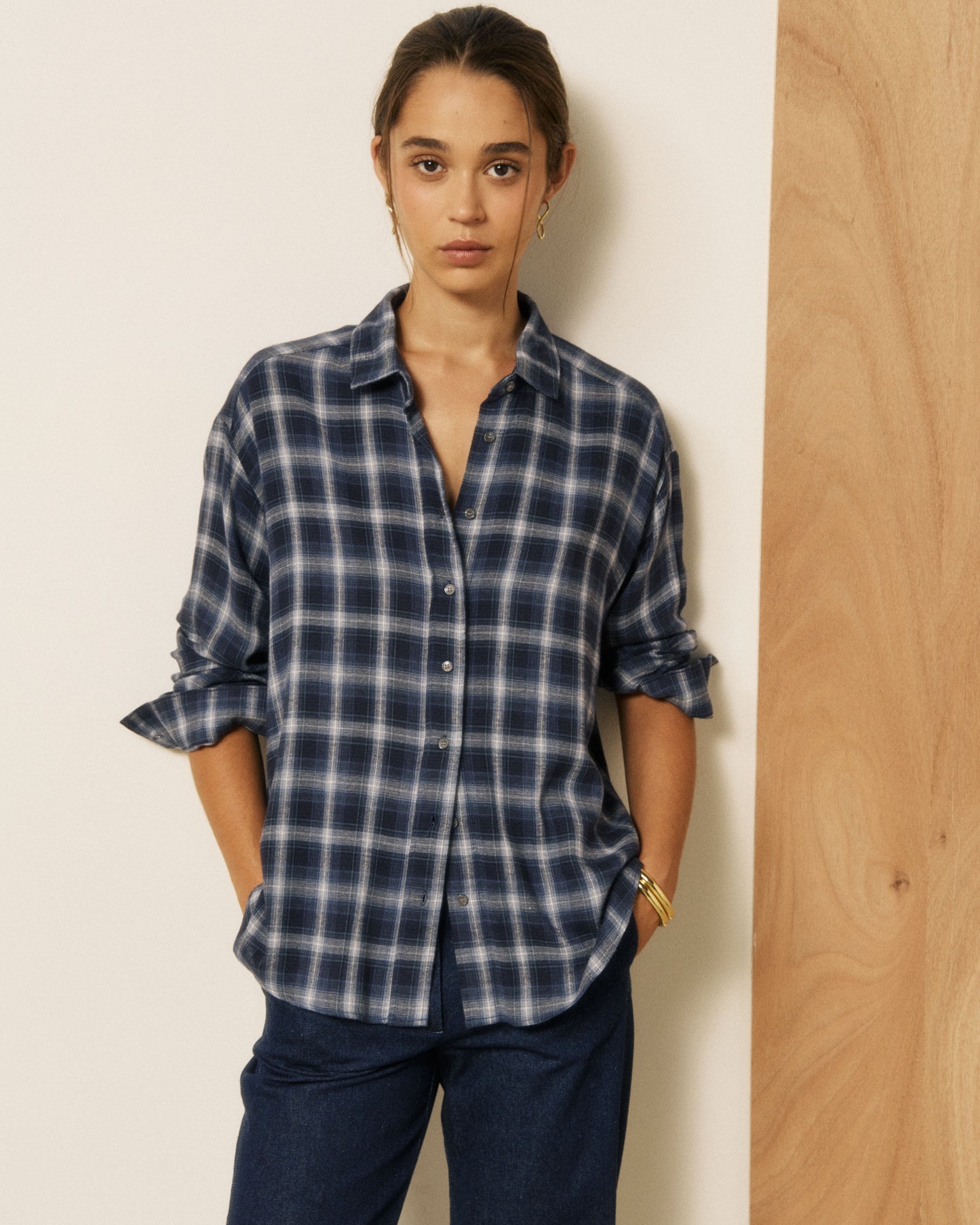 Chemise Femme en Viscose à Carreaux Bleu Cinema