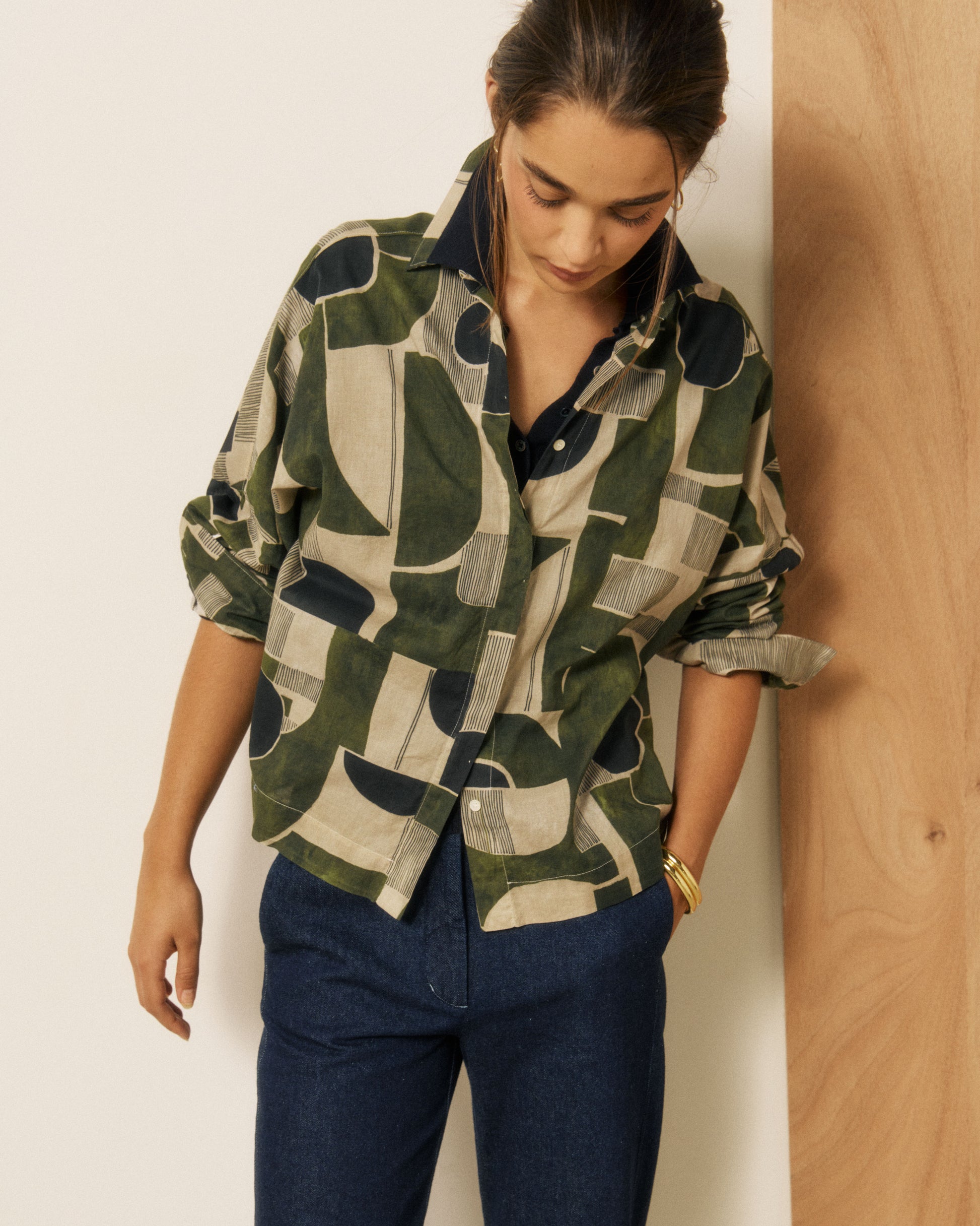 Chemise Femme en Coton imprimé Géométrique Khaki Cosma