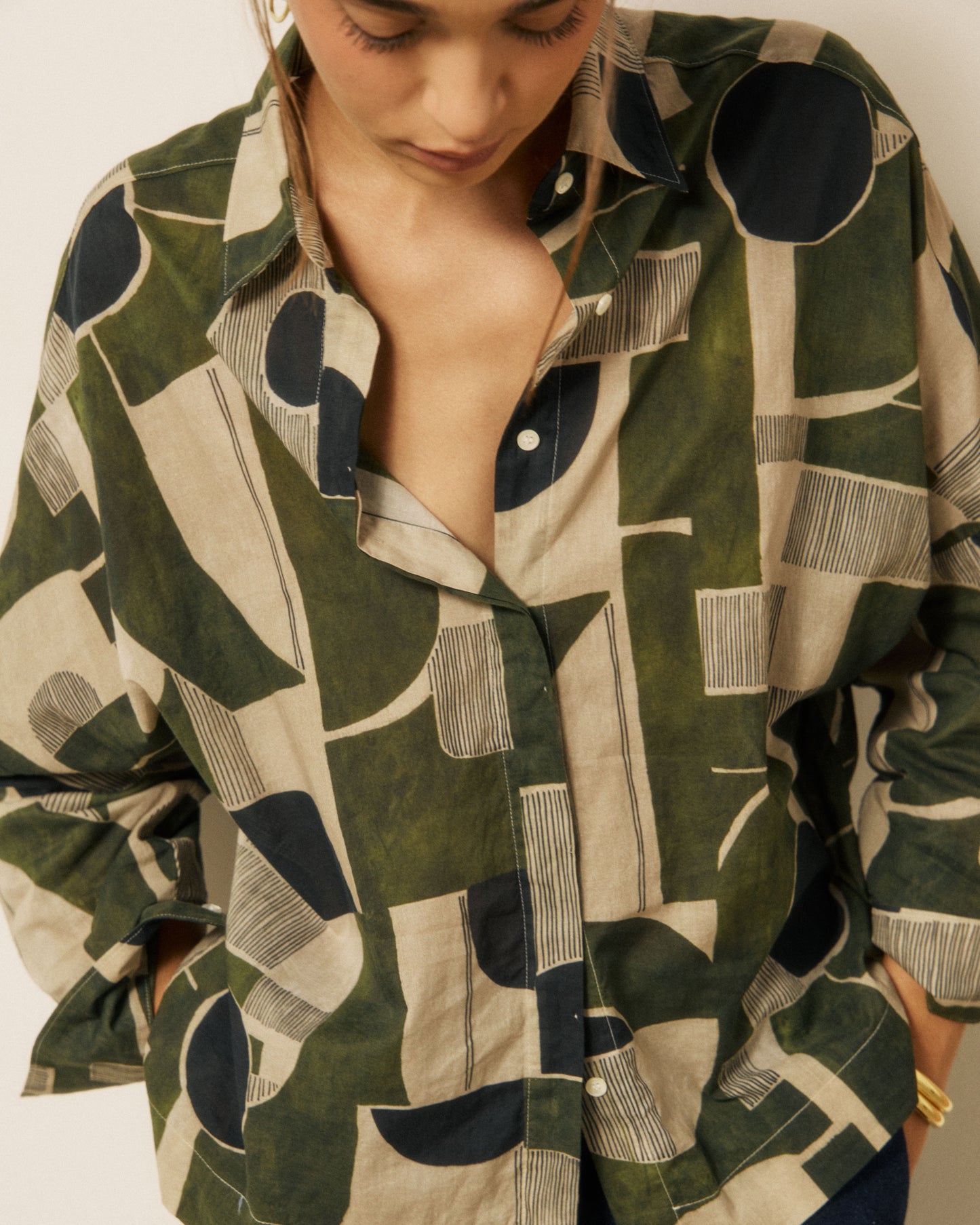 Chemise Femme en Coton imprimé Géométrique Khaki Cosma