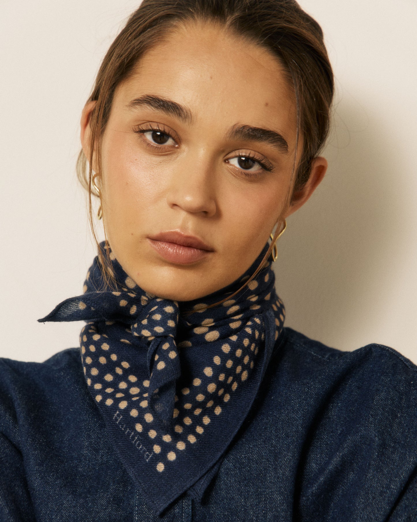 Echarpe Femme en Laine à Pois Bleu Marine Bandana