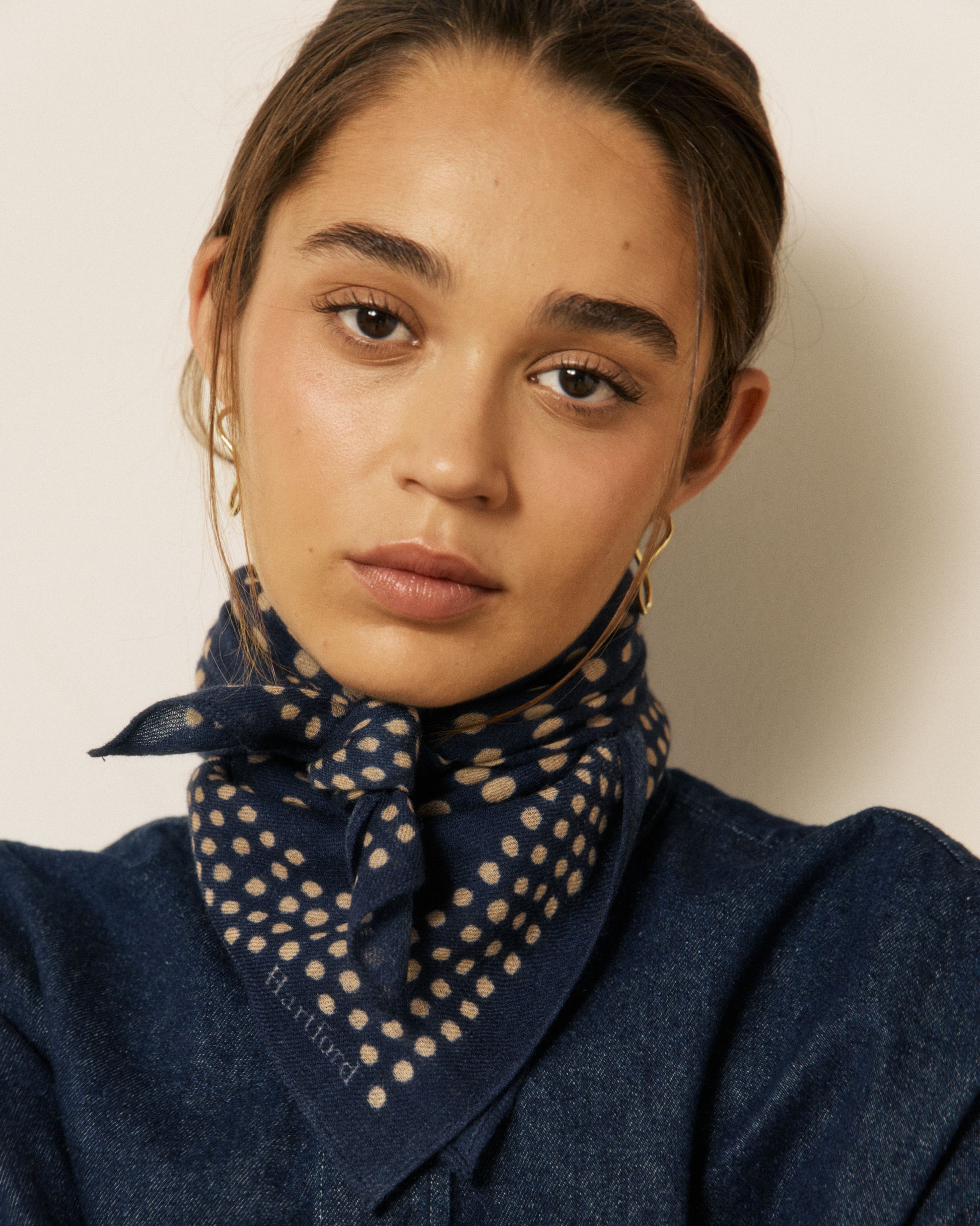 Echarpe Femme en Laine à Pois Bleu Marine Bandana