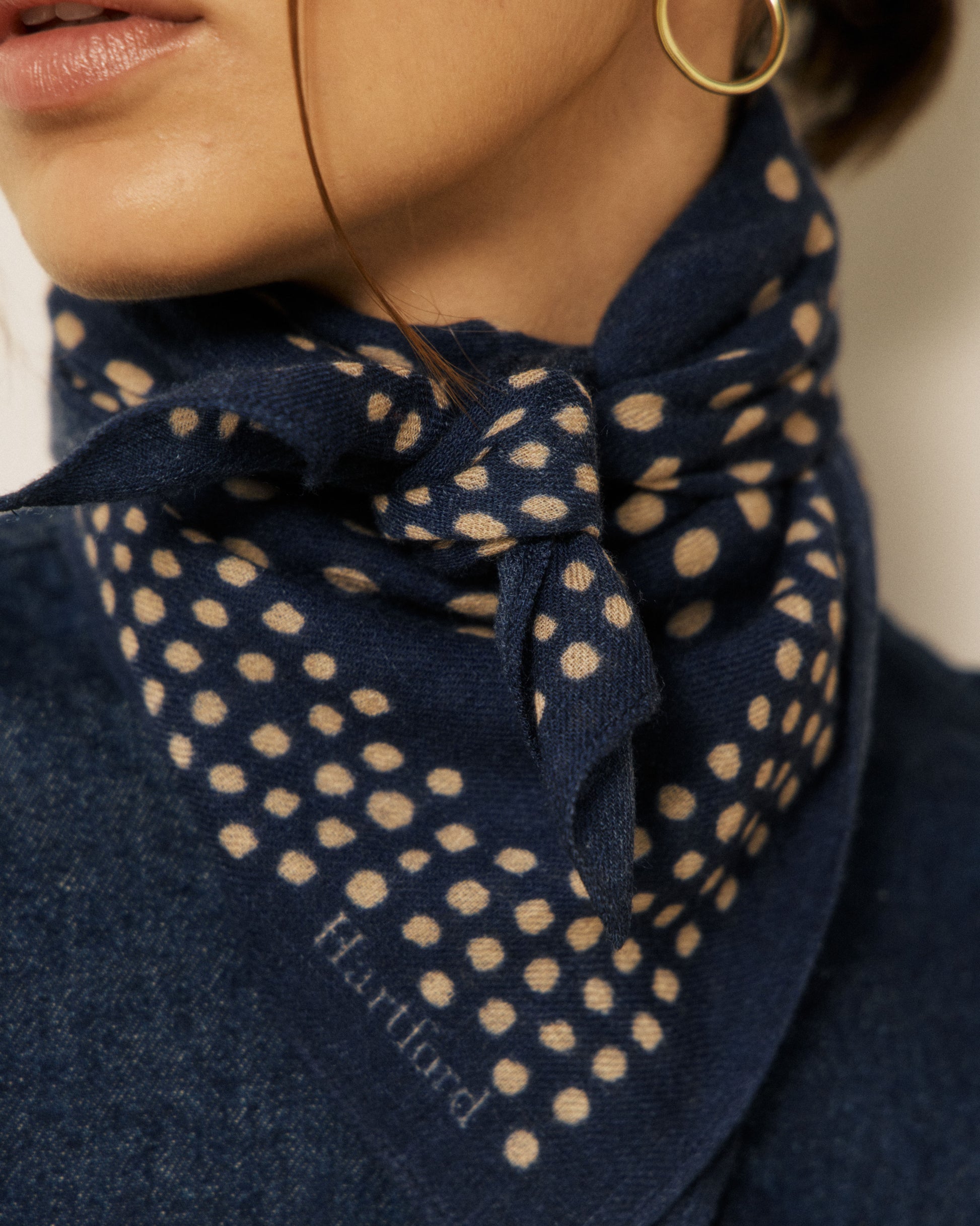Echarpe Femme en Laine à Pois Bleu Marine Bandana