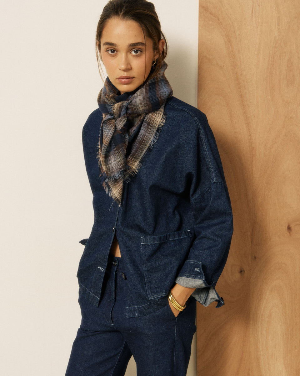 Women's Blue & Off-White Checked Wool Scarf - Image principale