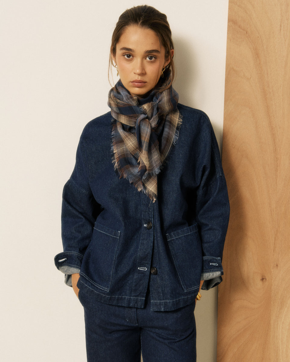 Women's Blue & Off-White Checked Wool Scarf - Image 3