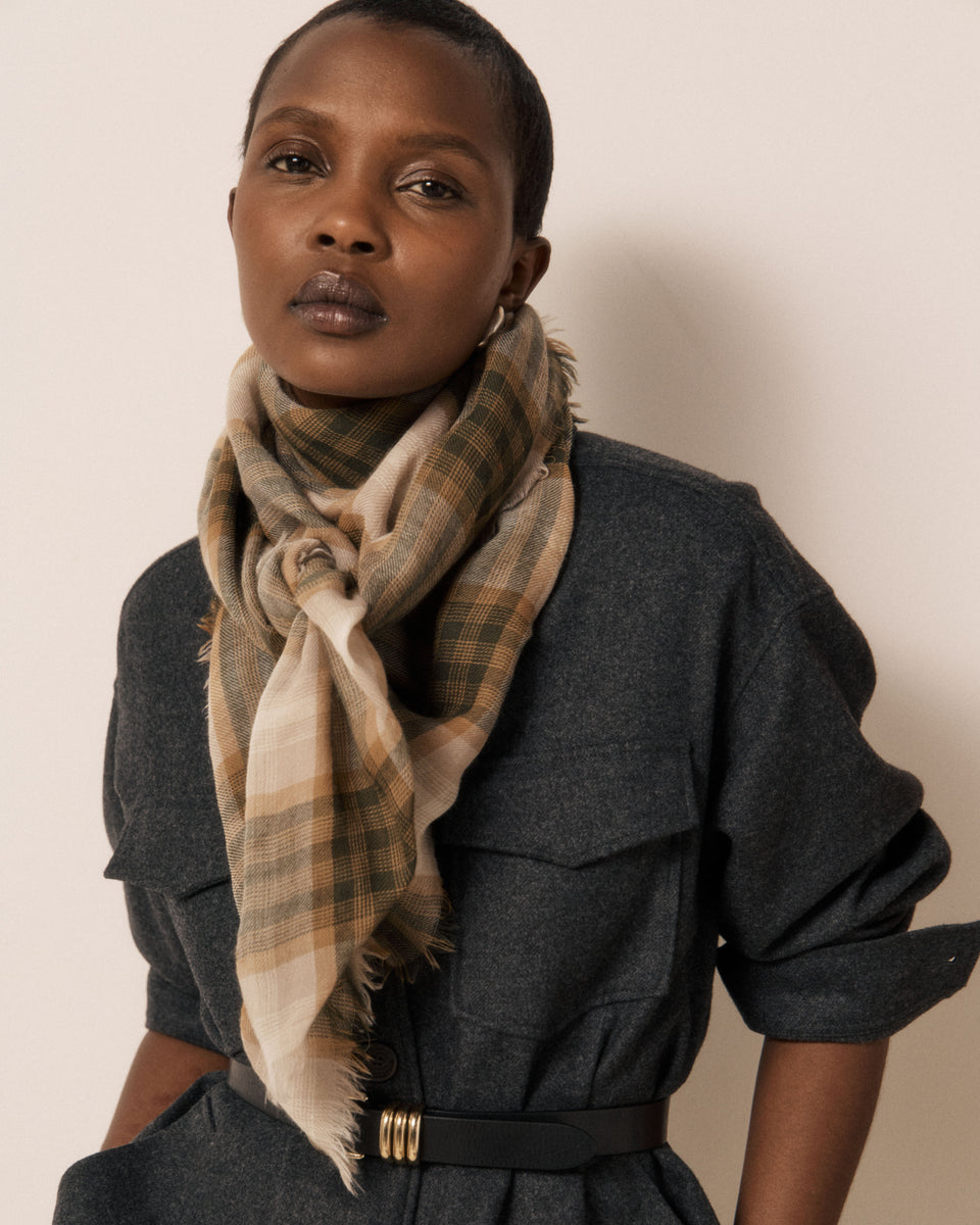 Echarpe Femme en Laine à Carreaux Beige & Vert - Image principale