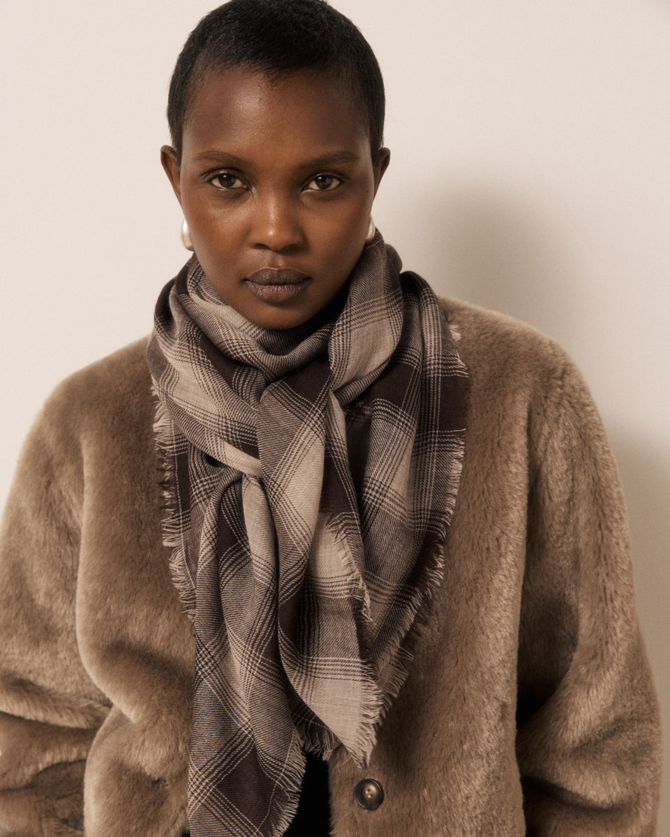 Echarpe Femme en Laine à Carreaux Chocolat & Beige - Image principale