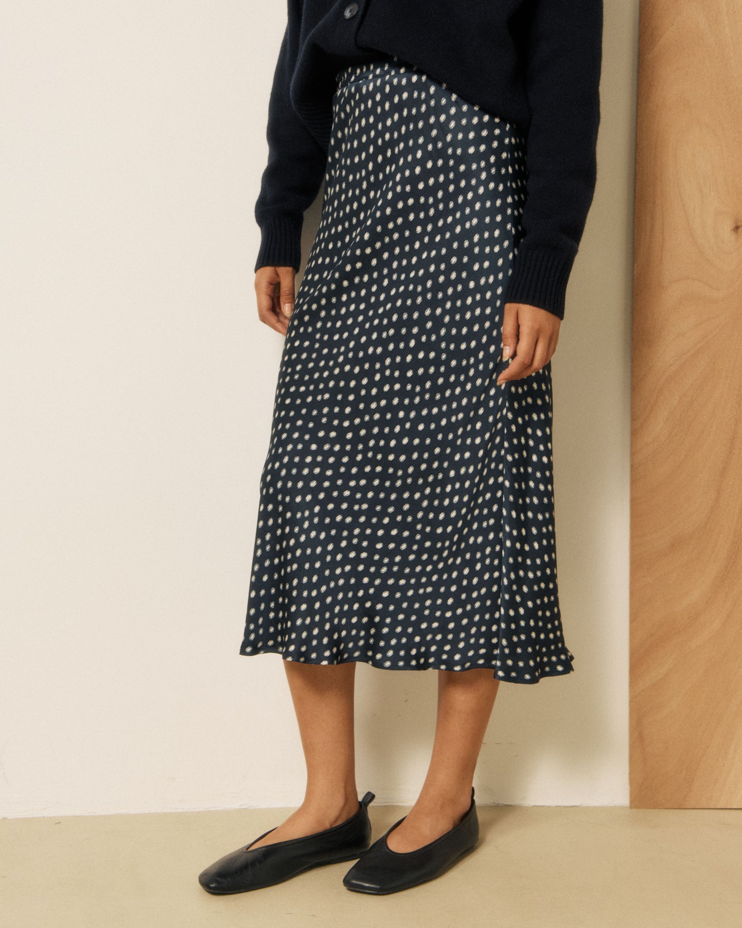 Jupe Femme en Viscose à Pois Bleu Marine & Blanc Jimo