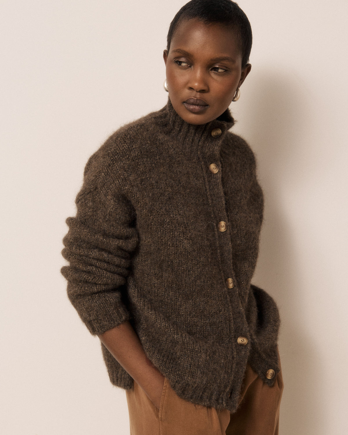 Cardigan Femme en Laine d'Alpaga & Mérinos Chocolat Meteorite