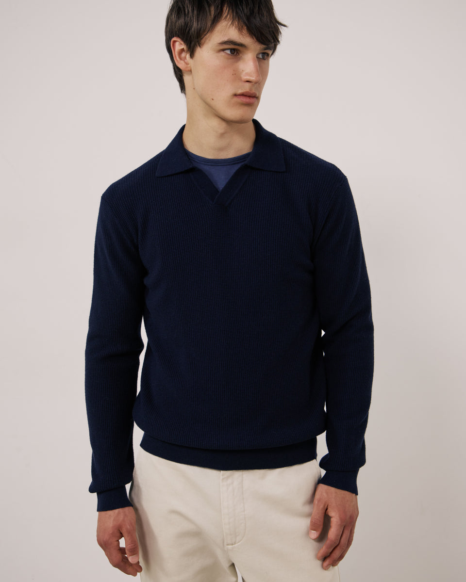 Polo Men's Navy Blue Waffle-Knit Wool & Cashmere Sweater - Image principale