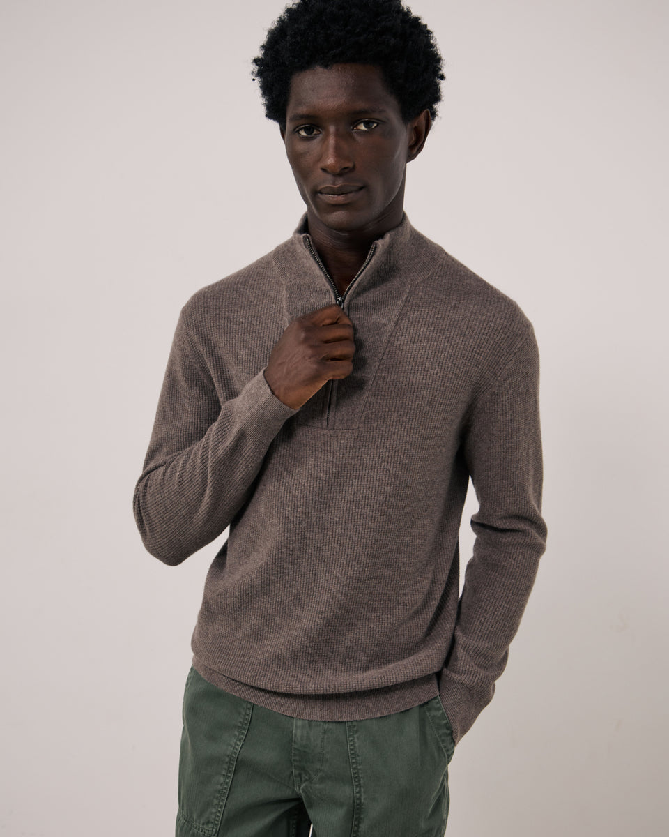 Trucker Men's Taupe Waffle-Knit Wool & Cashmere Sweater - Image principale