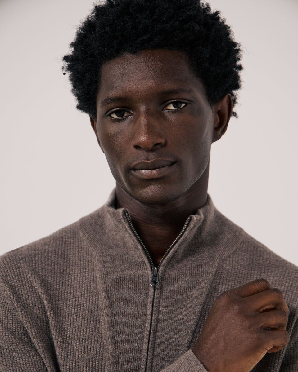 Trucker Men's Taupe Waffle-Knit Wool & Cashmere Sweater - Image 3