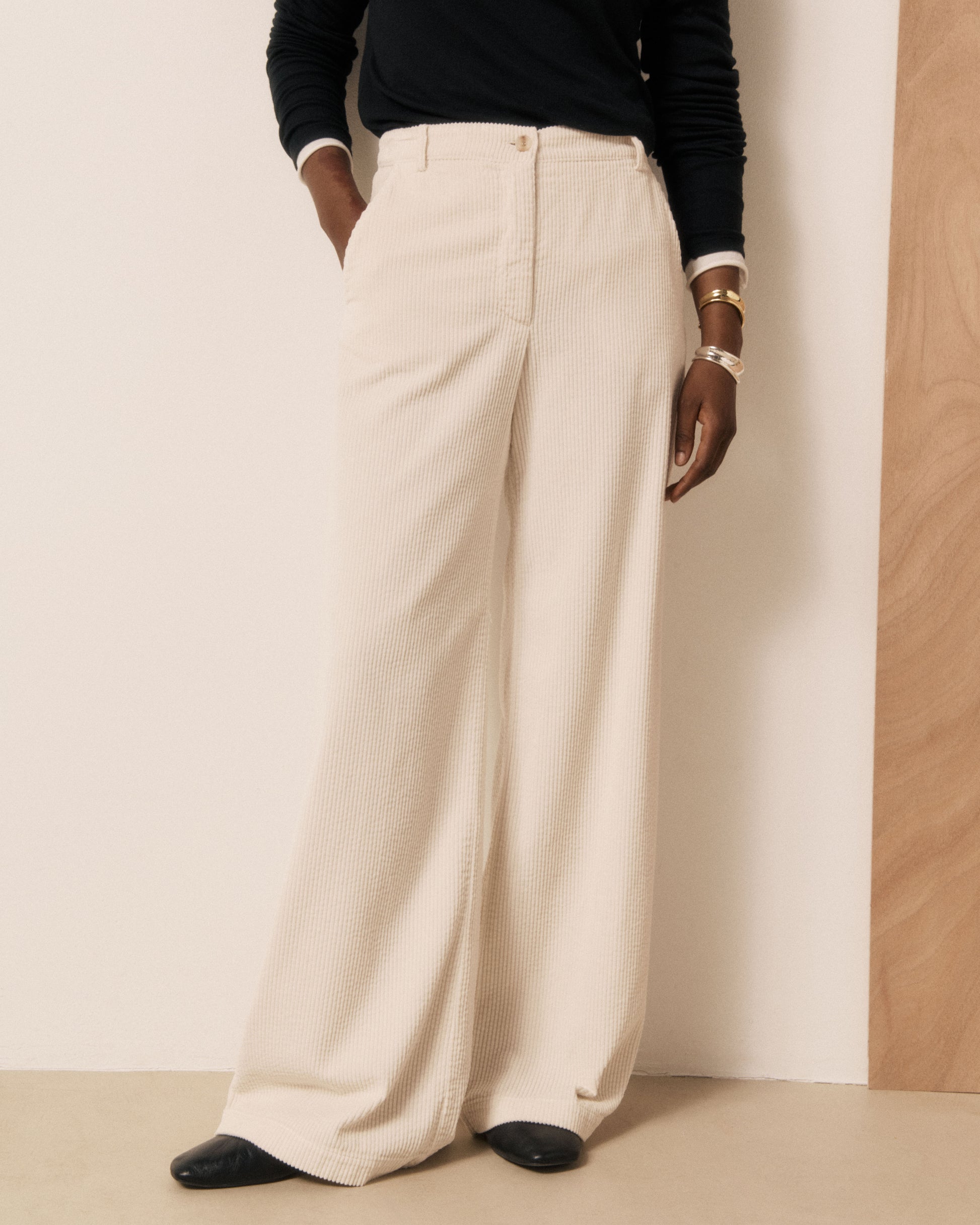 Pantalon Femme en Velours Côtelé Seersucker Ecru Parade