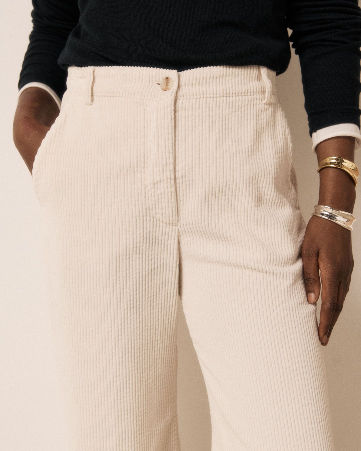 Pantalon Femme en Velours Côtelé Seersucker Ecru Parade