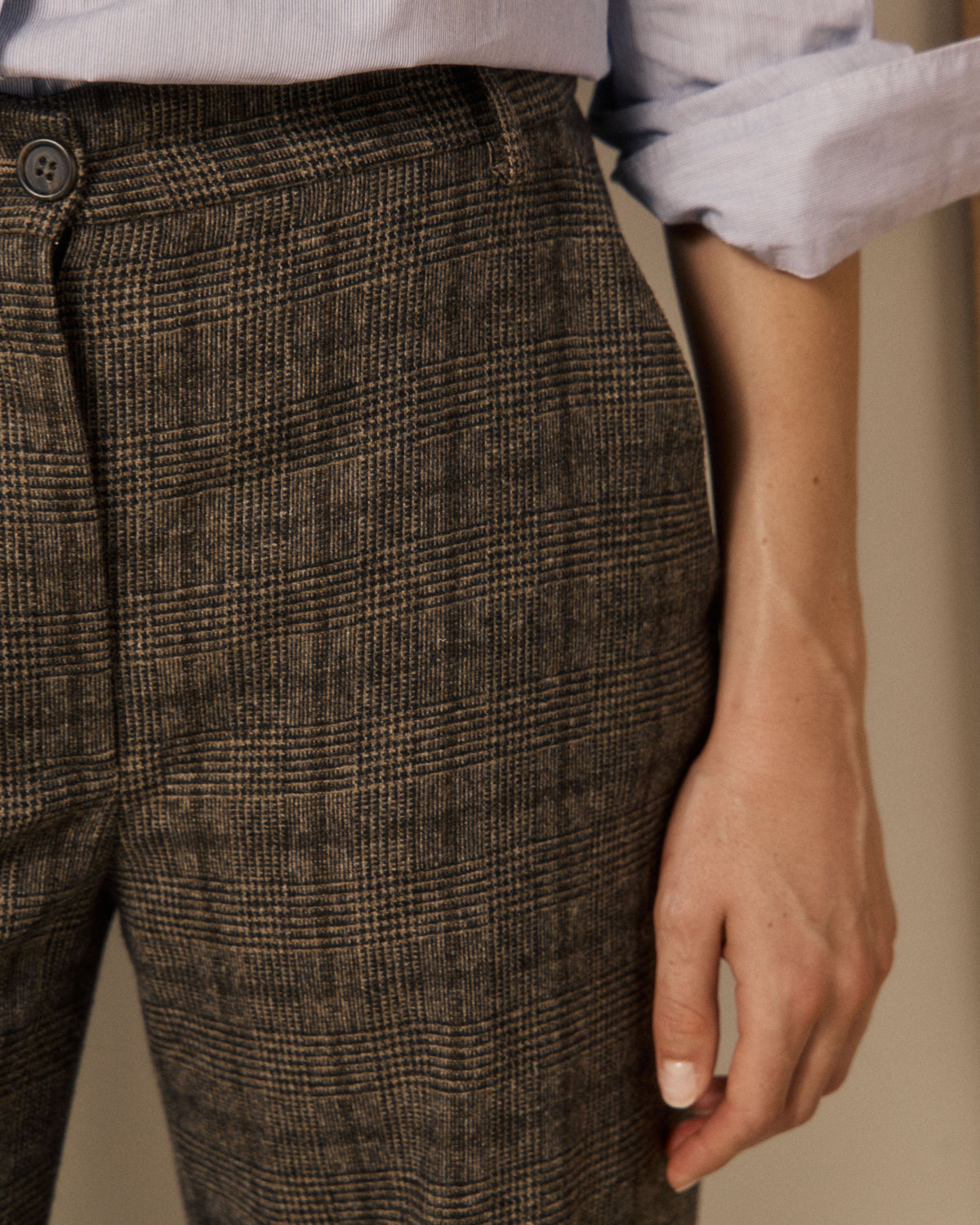 Pantalon Femme en Laine imprimé Princes de Galles Marron Parade