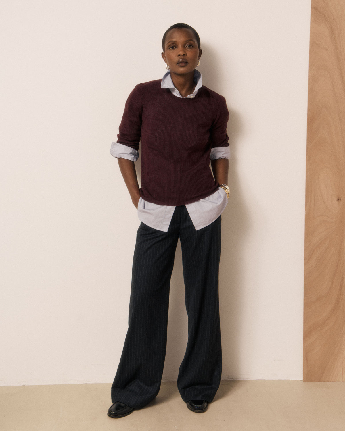 Pantalon Femme en Flanelle de Laine à Rayures Bleu Nuit Parade