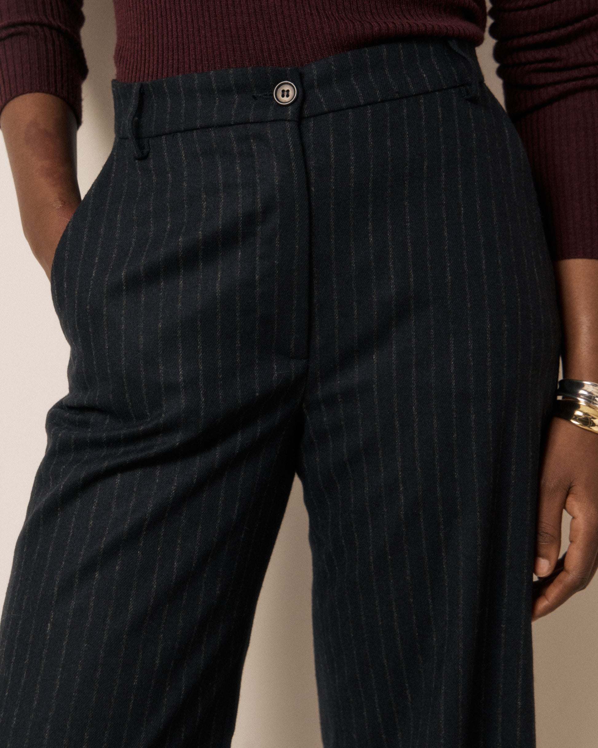 Pantalon Femme en Flanelle de Laine à Rayures Bleu Nuit Parade