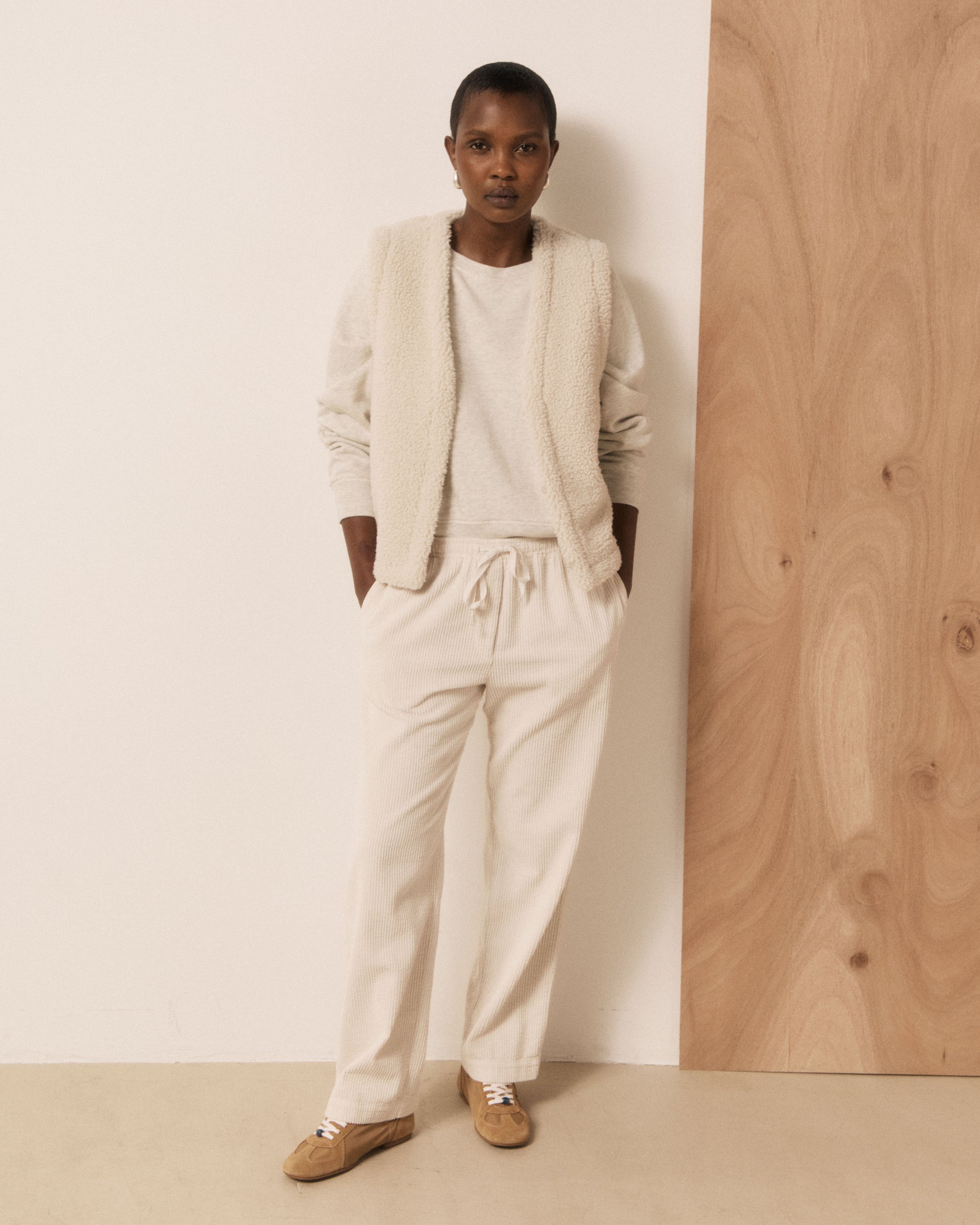 Pantalon Femme en Velours Côtelé Seersucker Ecru Peyo