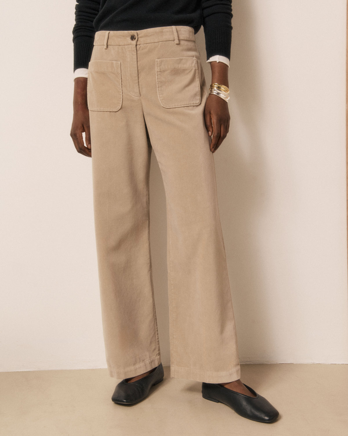 Pantalon Femme en Velours Lisse Beige Poli