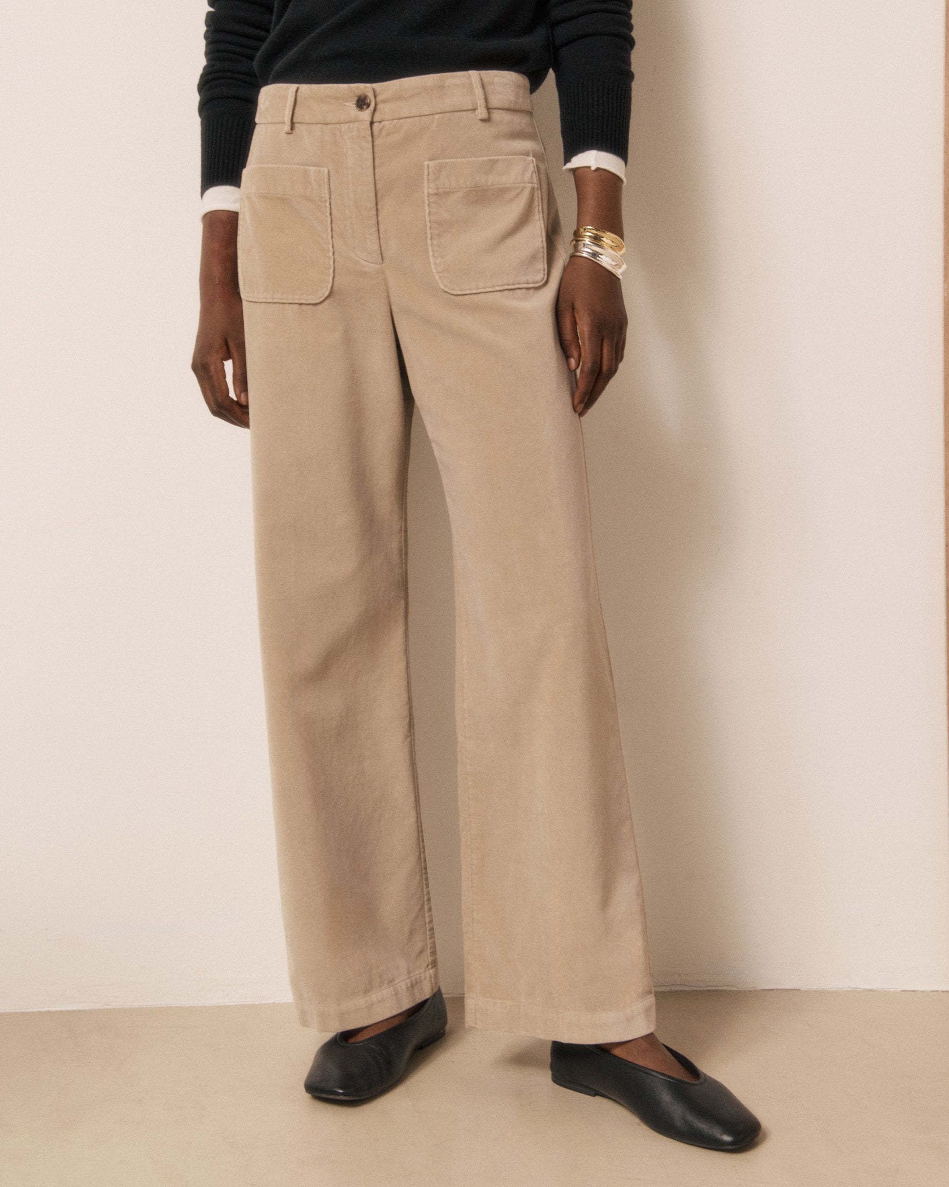 Pantalon Femme en Velours Lisse Beige Poli