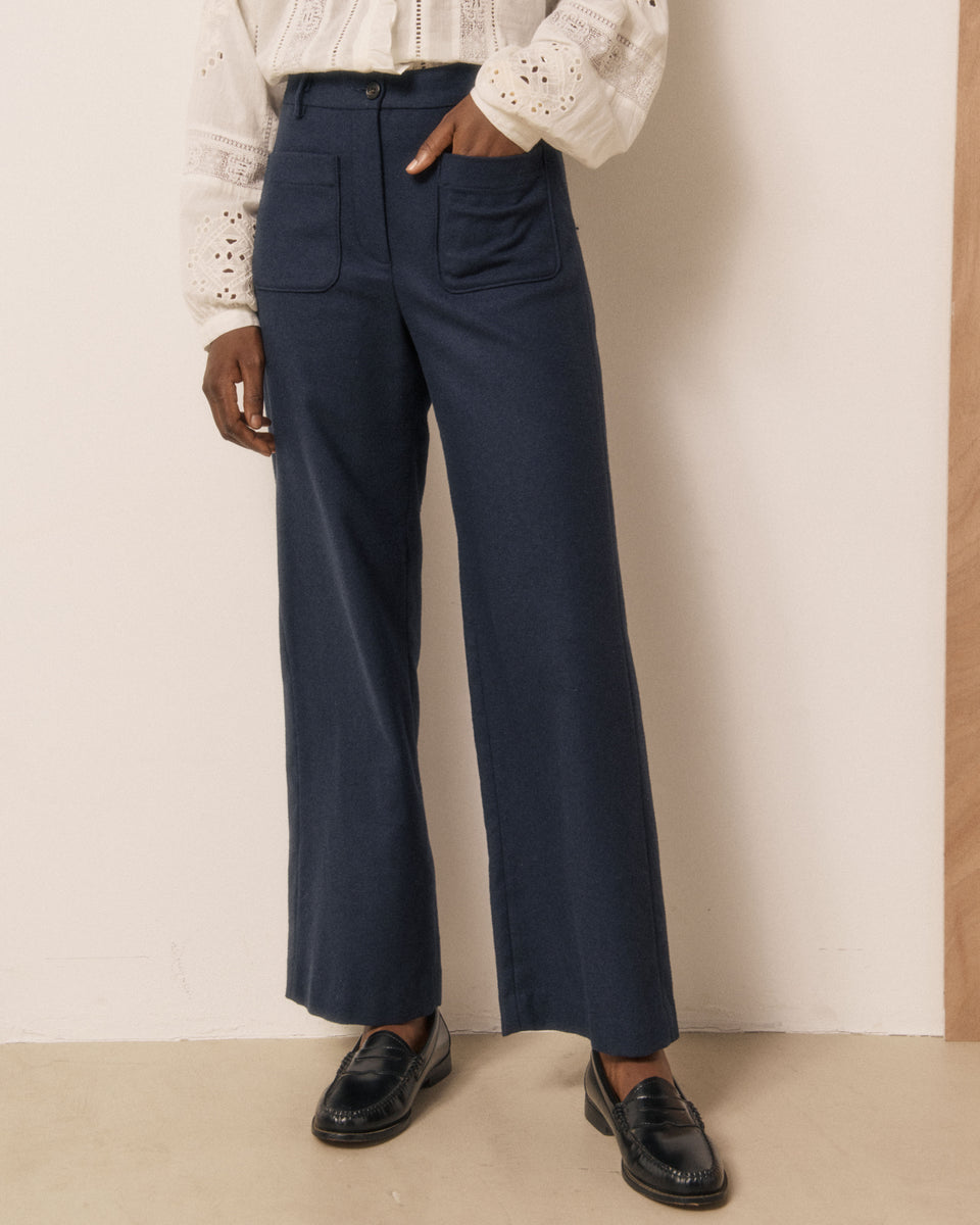 Pantalon Femme en Flanelle de Laine Bleu Nuit Poli - Image principale