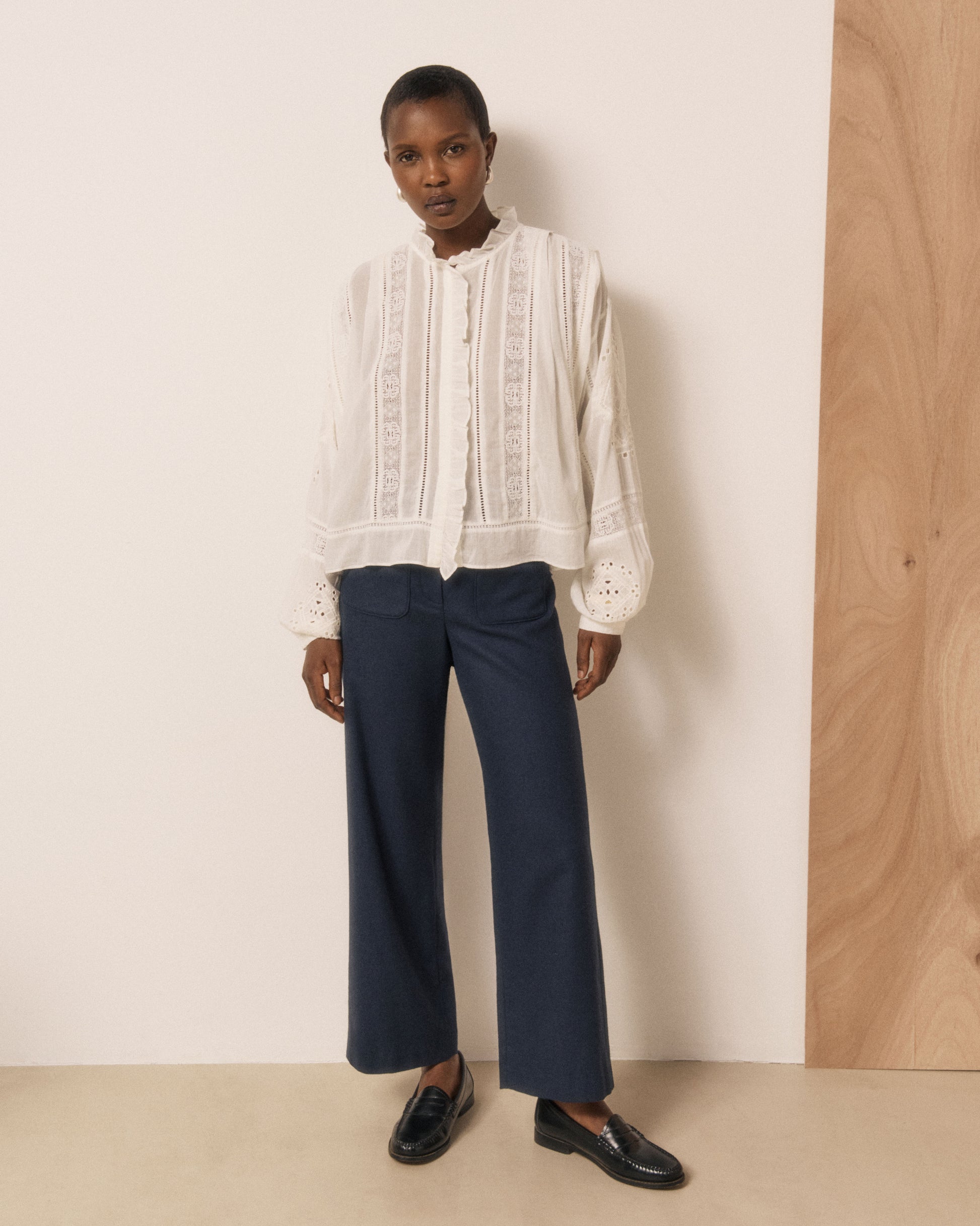 Pantalon Femme en Flanelle de Laine Bleu Nuit Poli