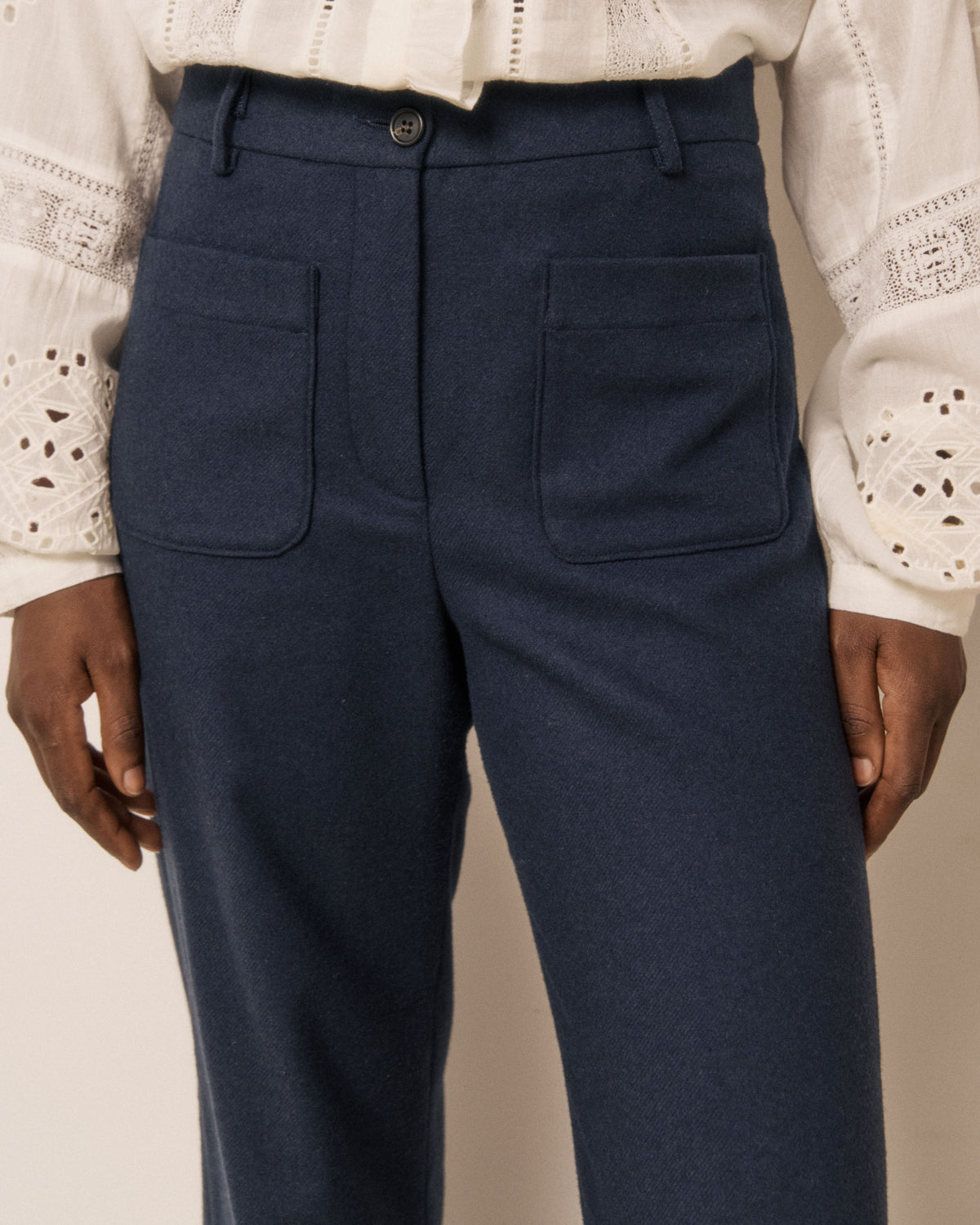 Pantalon Femme en Flanelle de Laine Bleu Nuit Poli