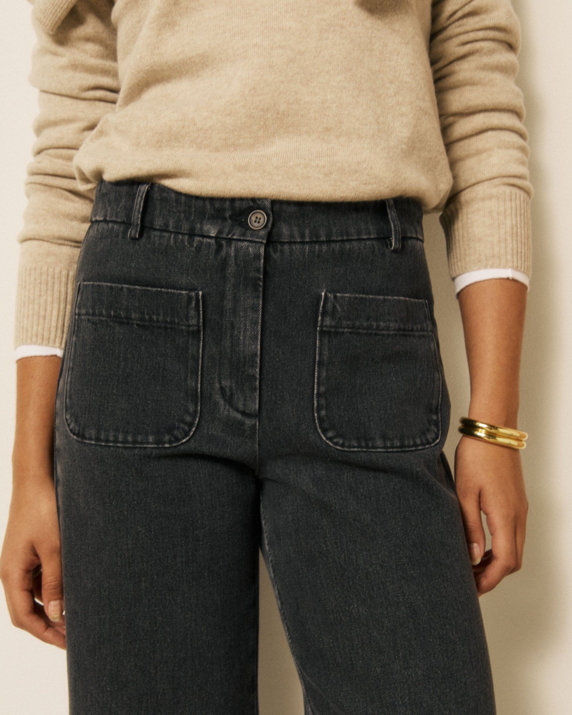 Pantalon Femme en Denim Noir Poli