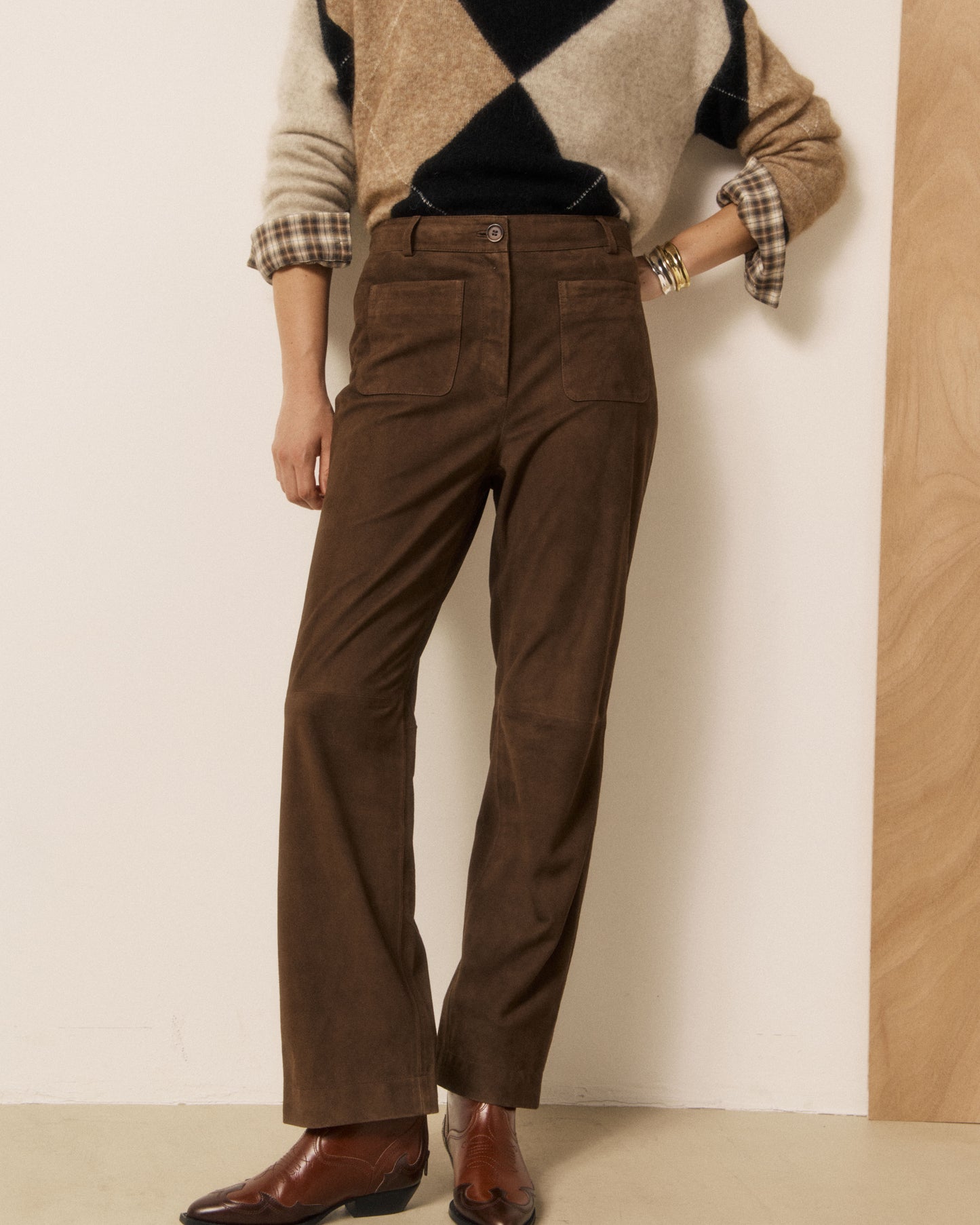 Pantalon Femme en Cuir Suédé Marron Paola