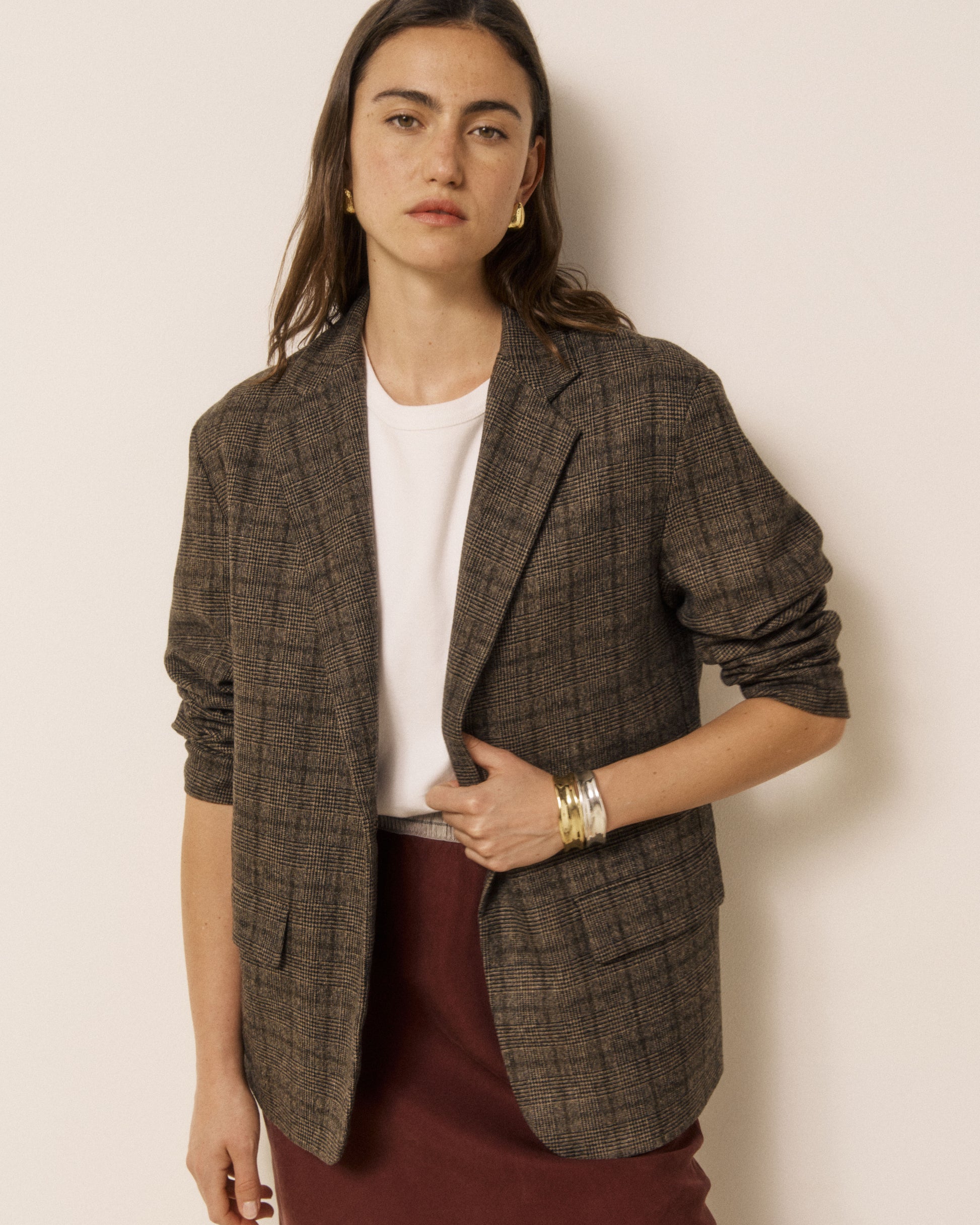 Veste Femme en Laine imprimé Princes de Galles Marron Victo