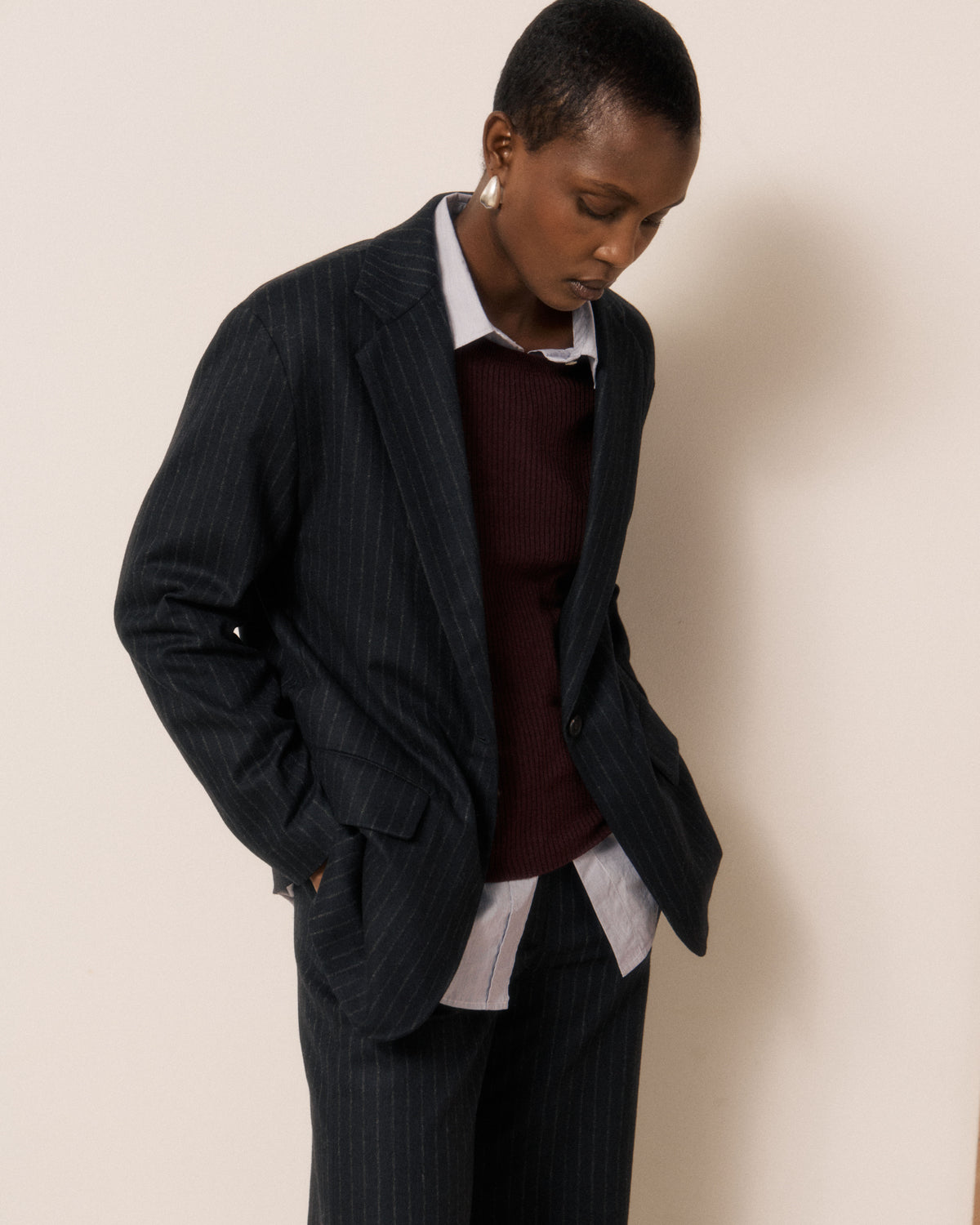 Veste Femme en Flanelle de Laine à Rayures Bleu Nuit Victo