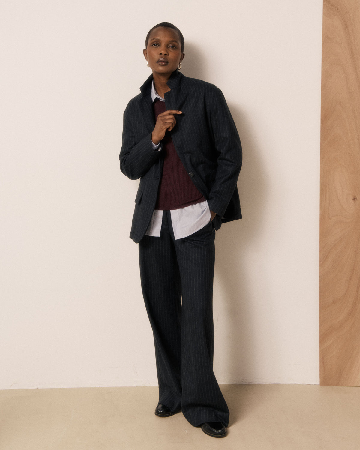 Veste Femme en Flanelle de Laine à Rayures Bleu Nuit Victo
