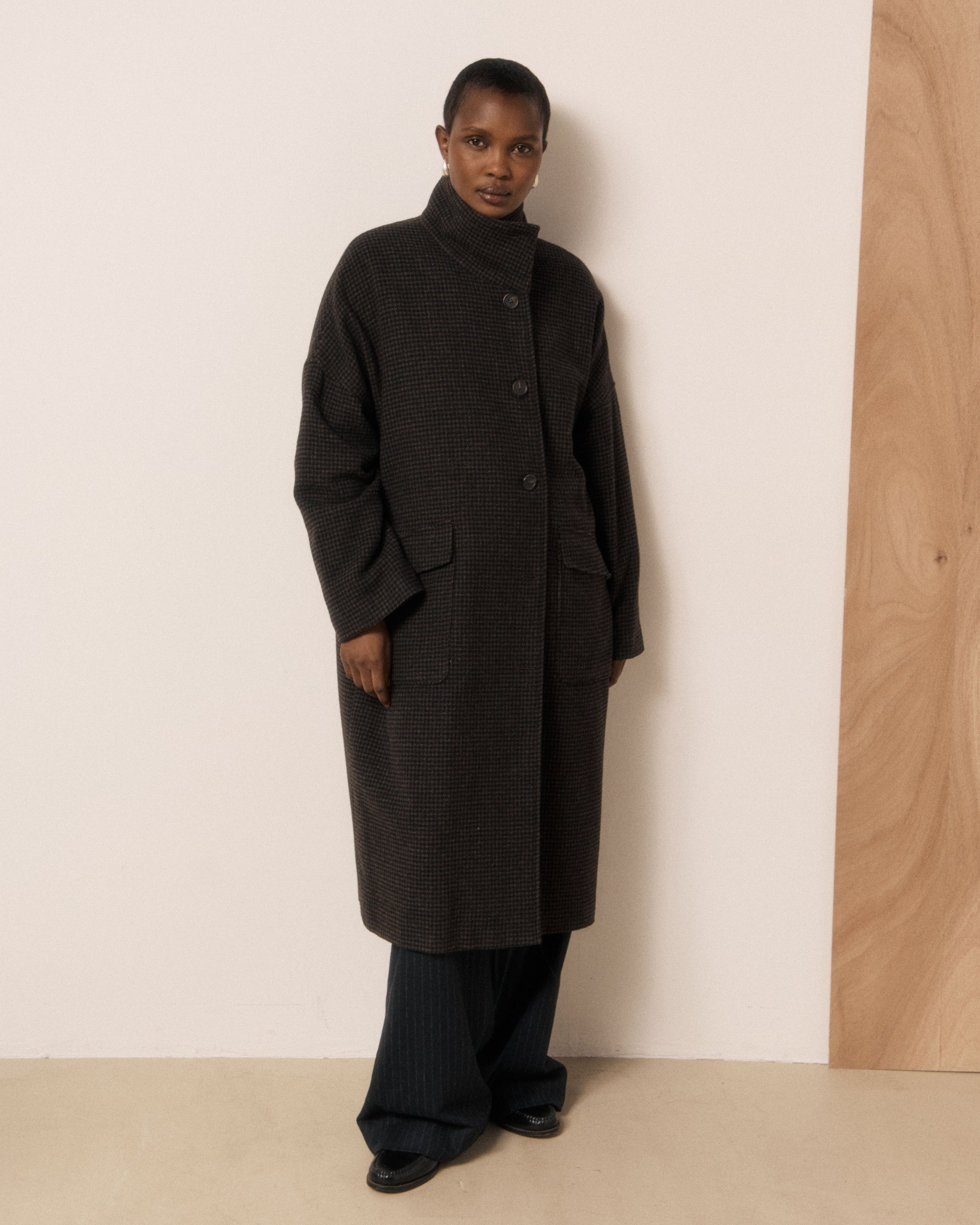 Manteau Femme en Tweed Imprimé Pied-de-poule Marron & Noir Vito