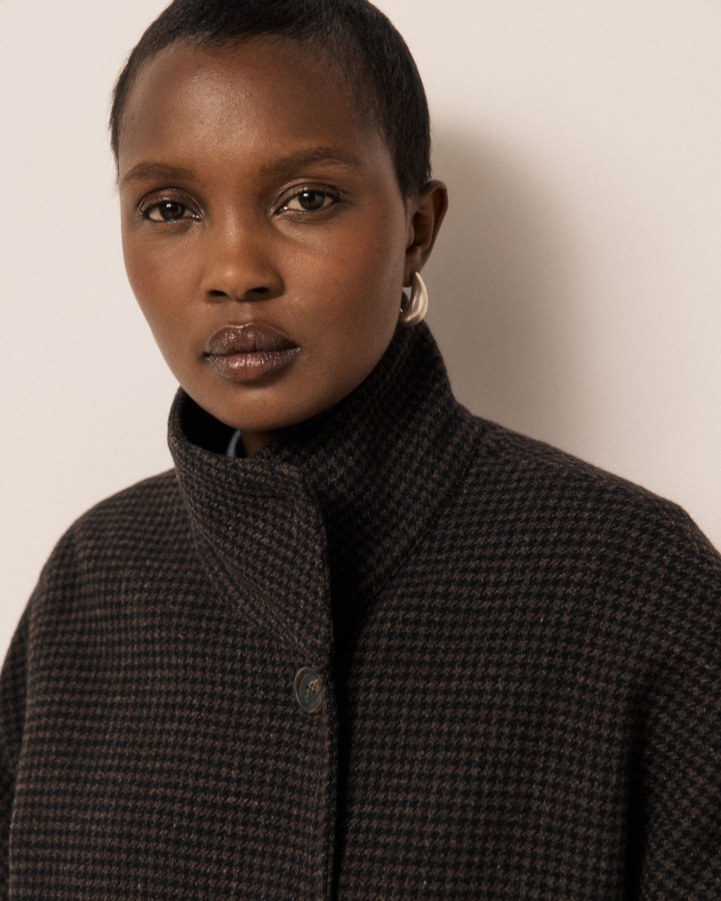 Manteau Femme en Tweed Imprimé Pied-de-poule Marron & Noir Vito