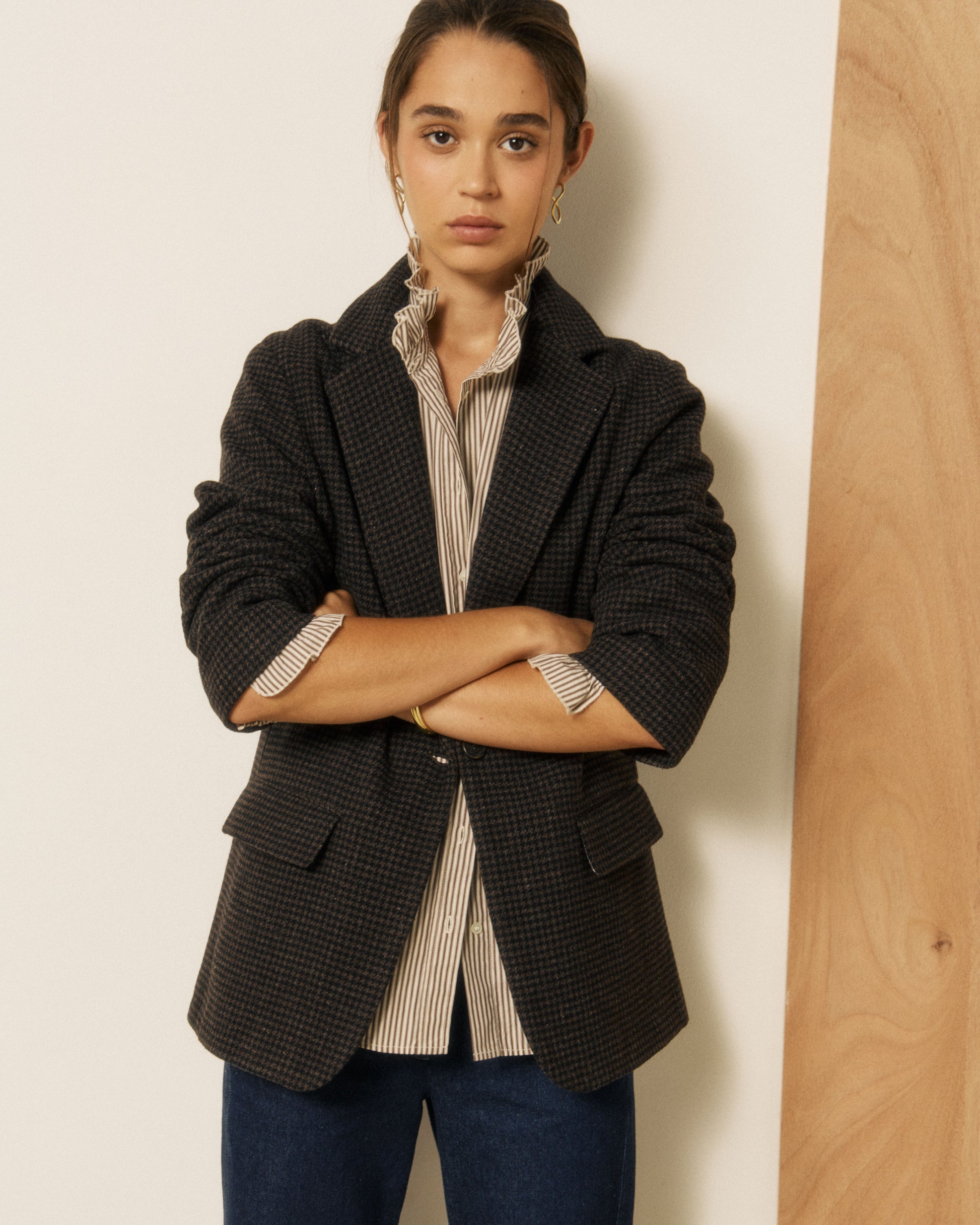 Veste Femme en Tweed Imprimé Pied-de-poule Marron & Noir Vittoria