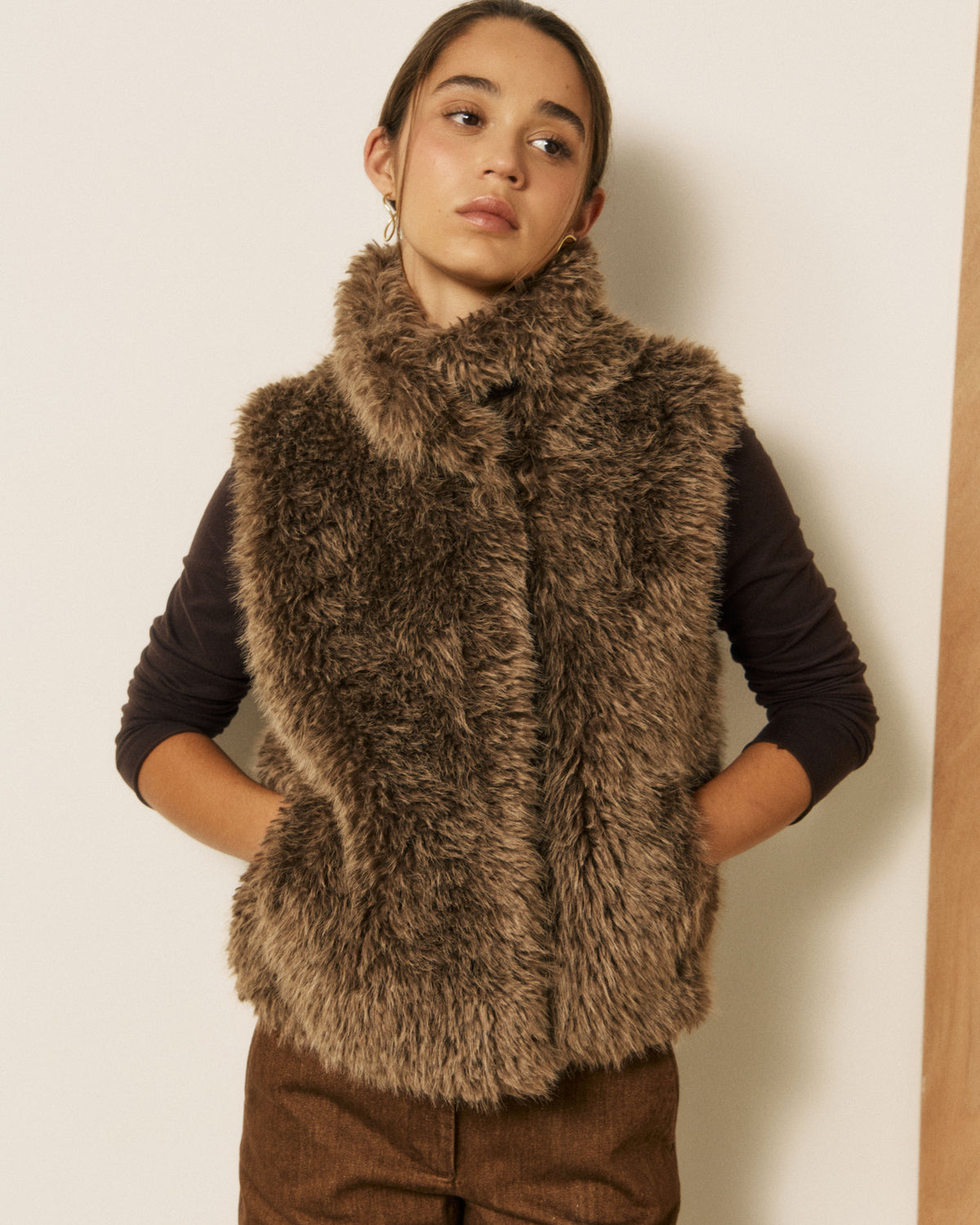 Gilet Femme en Fausse fourrure à poils longs Marron Verso