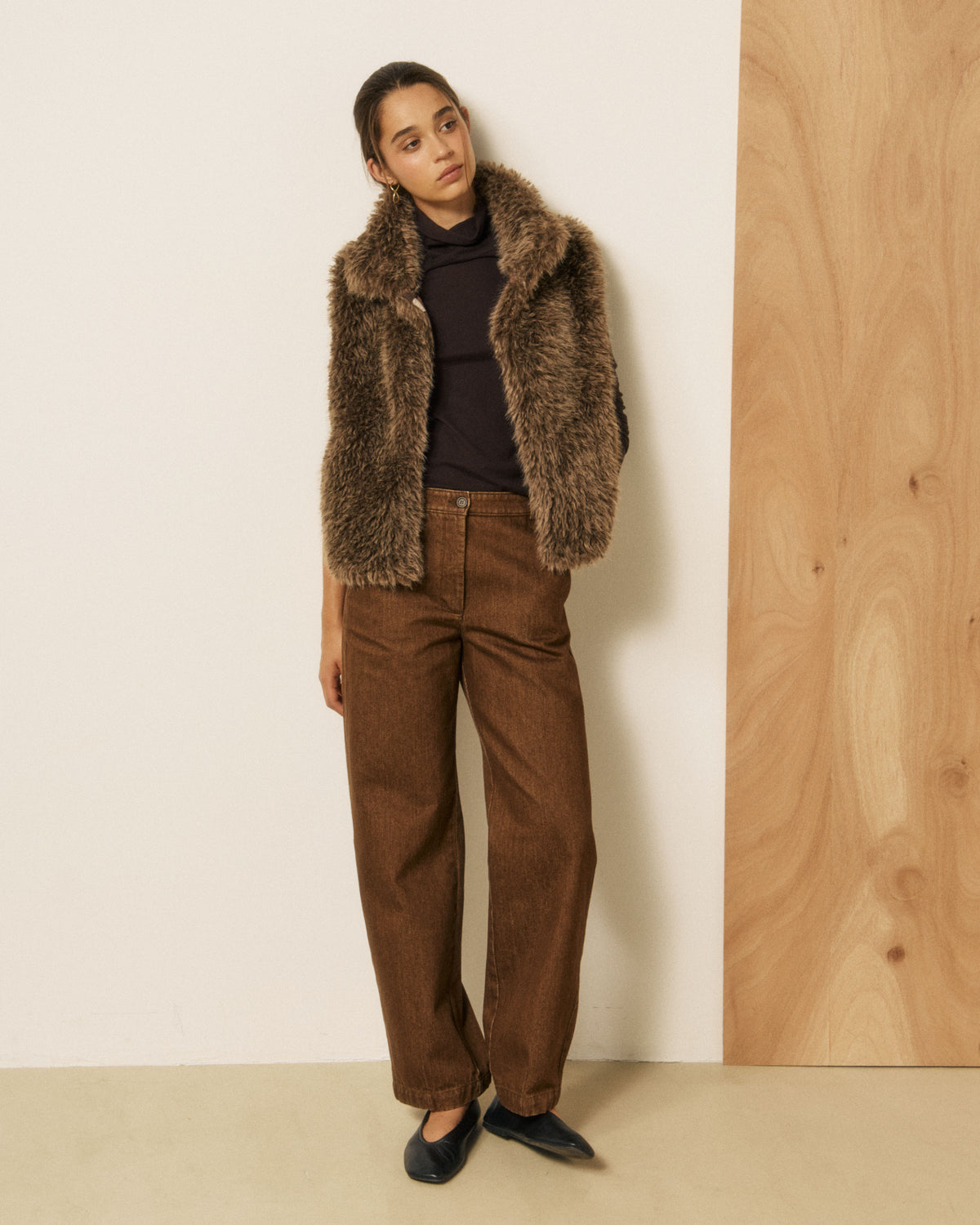 Gilet Femme en Fausse fourrure à poils longs Marron Verso