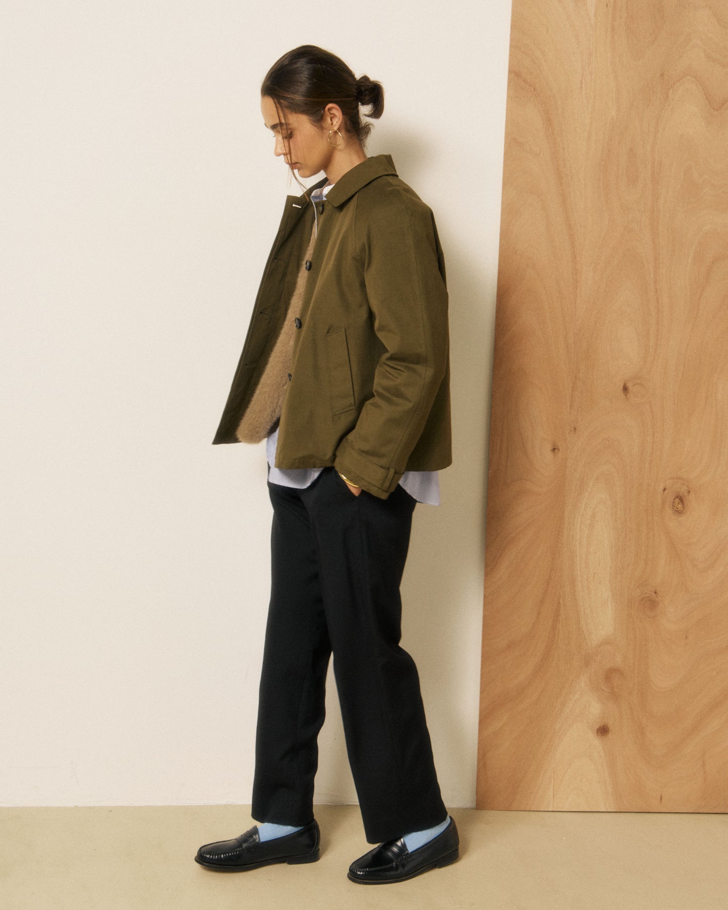 Manteau Femme en Gabardine de Coton Vert Militaire Voltaire